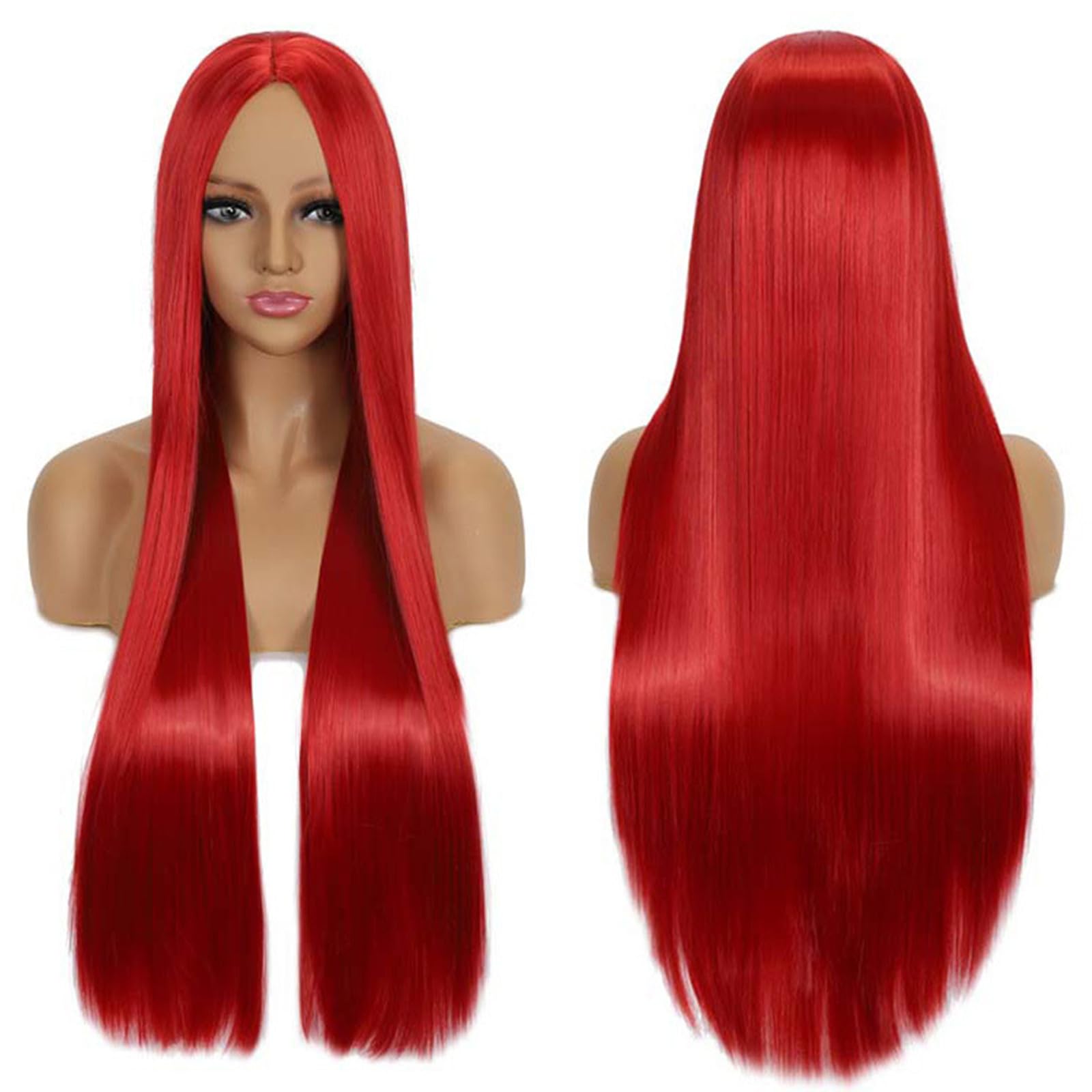 Fouriding 80cm Long Straight Hair Wig, Cosplay Wig, Center Parted Bangs, Heat Resistant Synthetic Fiber, Red
