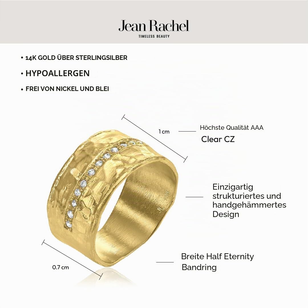 14K vergoldeter Sterling Silber Statement Ring mit 0,13 ct Halb-Ewigkeit Zirkonia, gehämmerte breite Schiene, Goldring, Schmuck Geschenk für Damen, ästhetischer Goldschmuck