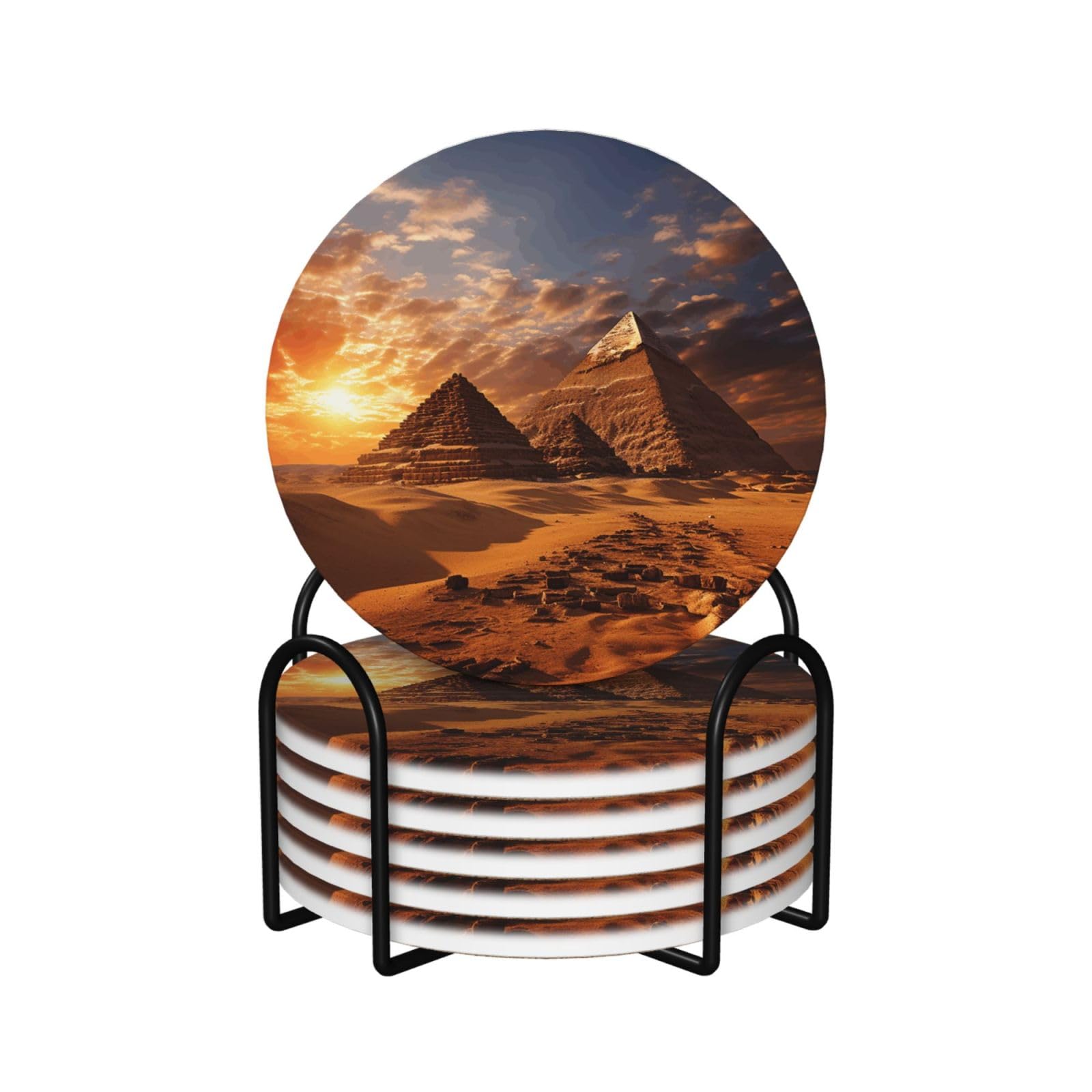 6Pcs Ceramics Coaster for Drinks, Egyptian Pyramids Cup Coasters with Holder, Aesthetic Drink Coasters for Coffee Table, Absorbent Round Coaster for Tabletop Protection 4" Cup Mat Pad