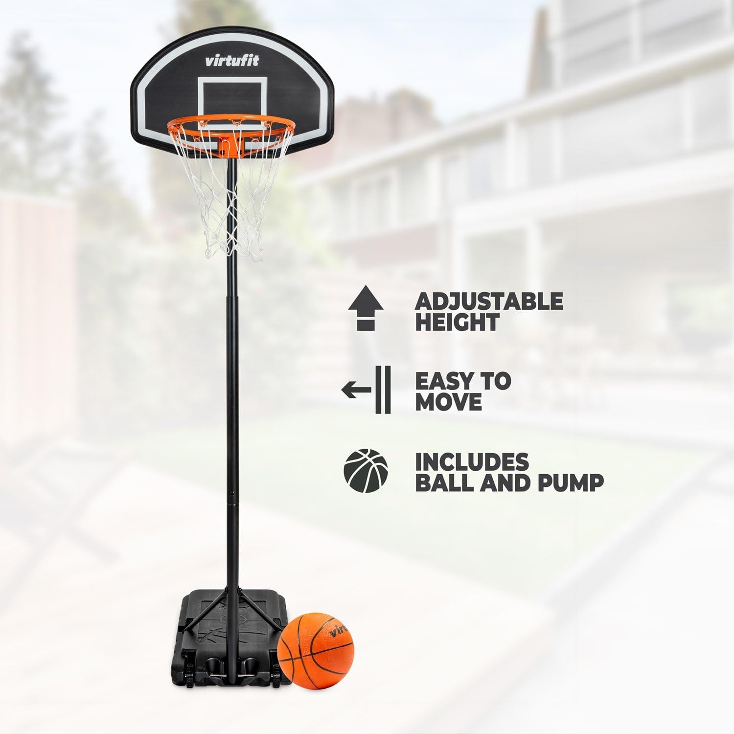 VirtuFit basketball hoop with feature callouts for adjustable height, easy to move, and included ball and pump