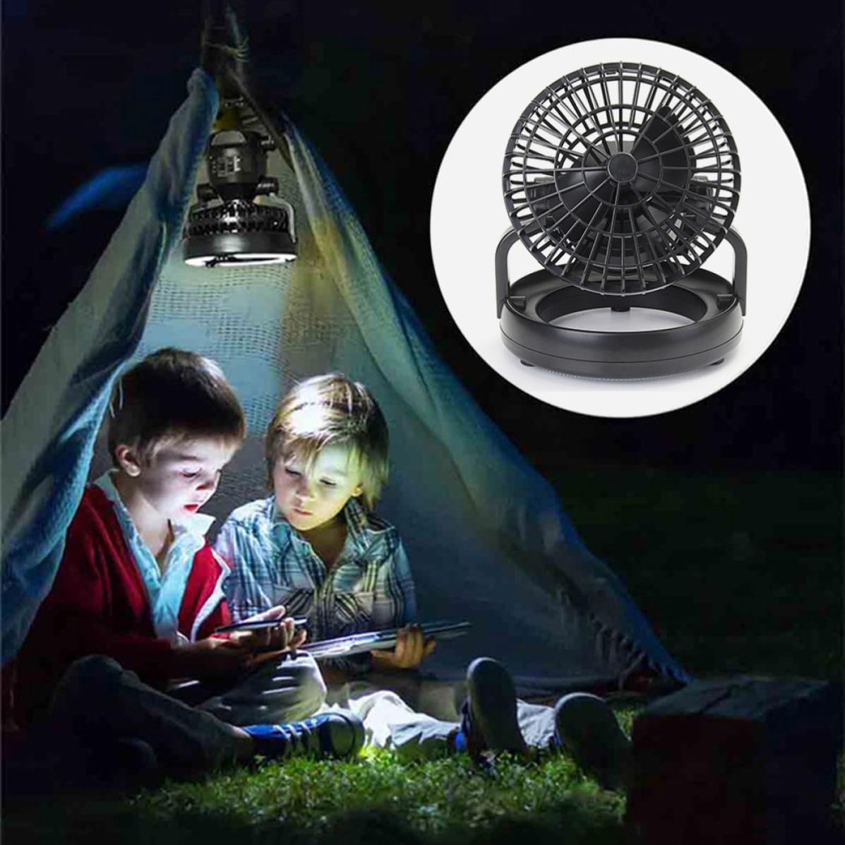 Camping Lamp With Ceiling Fan LED 18pz in Abs Nero 2pezzi | Luce per Tenda da Campeggio, Ventilatore Campeggio da Appendere, Festa Estiva