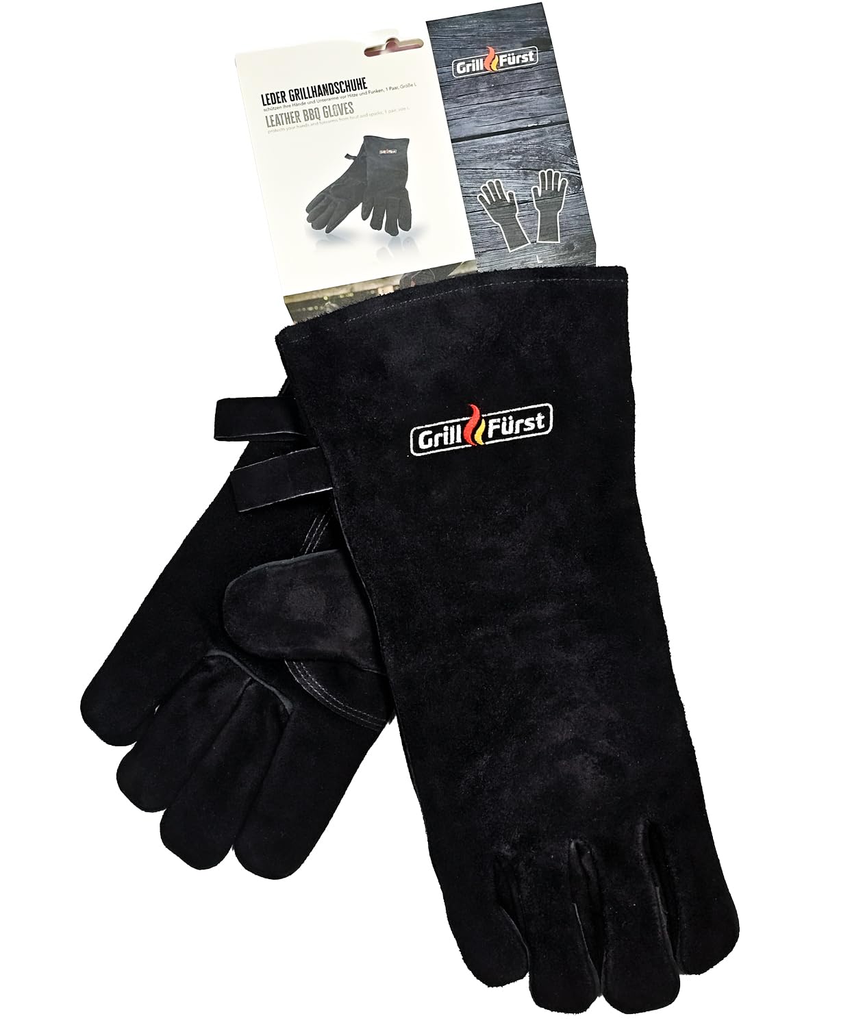 Grillfürst Grillhandschuh - Hitzebeständiger Lederhandschuh aus 100% Rindspaltleder, robuster Handschuh für Grill, Ofen oder Feuerstelle, ca. 40 cm langer Armschaft