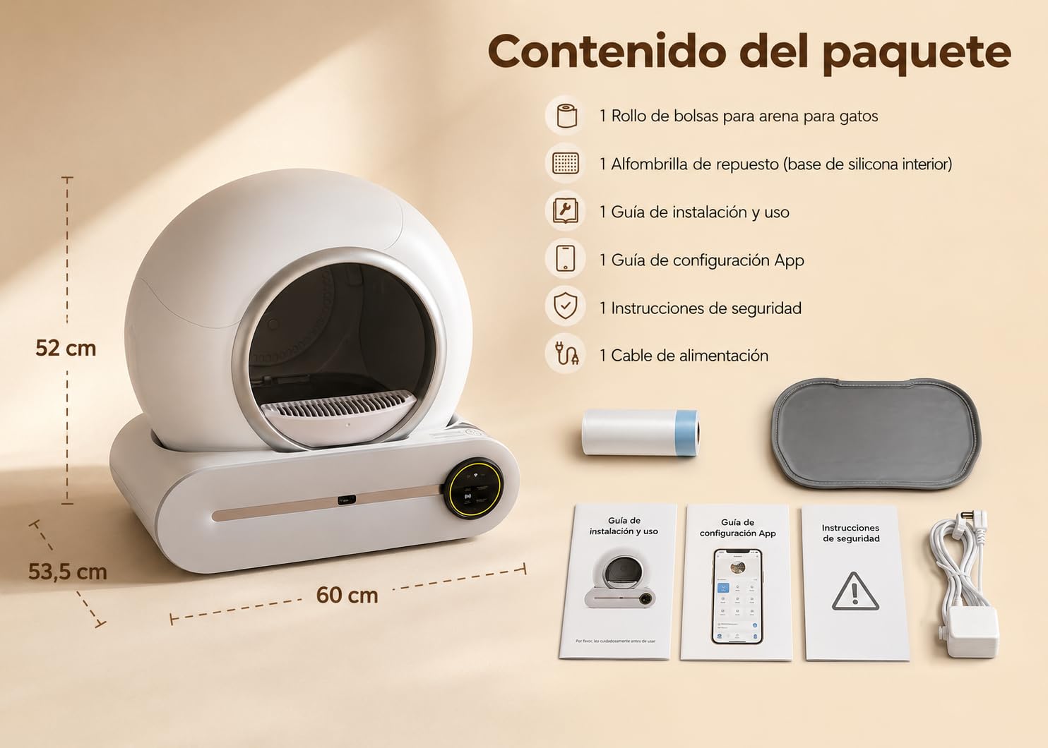 Arenero Autolimpiable para Gatos con App, Caja de Arena Automática 65L, Control de Olores, Monitor de Salud y Peso, Ultra Silencioso, Incluye Repuesto Base DE Arena Y Bolsas| Versión 2026