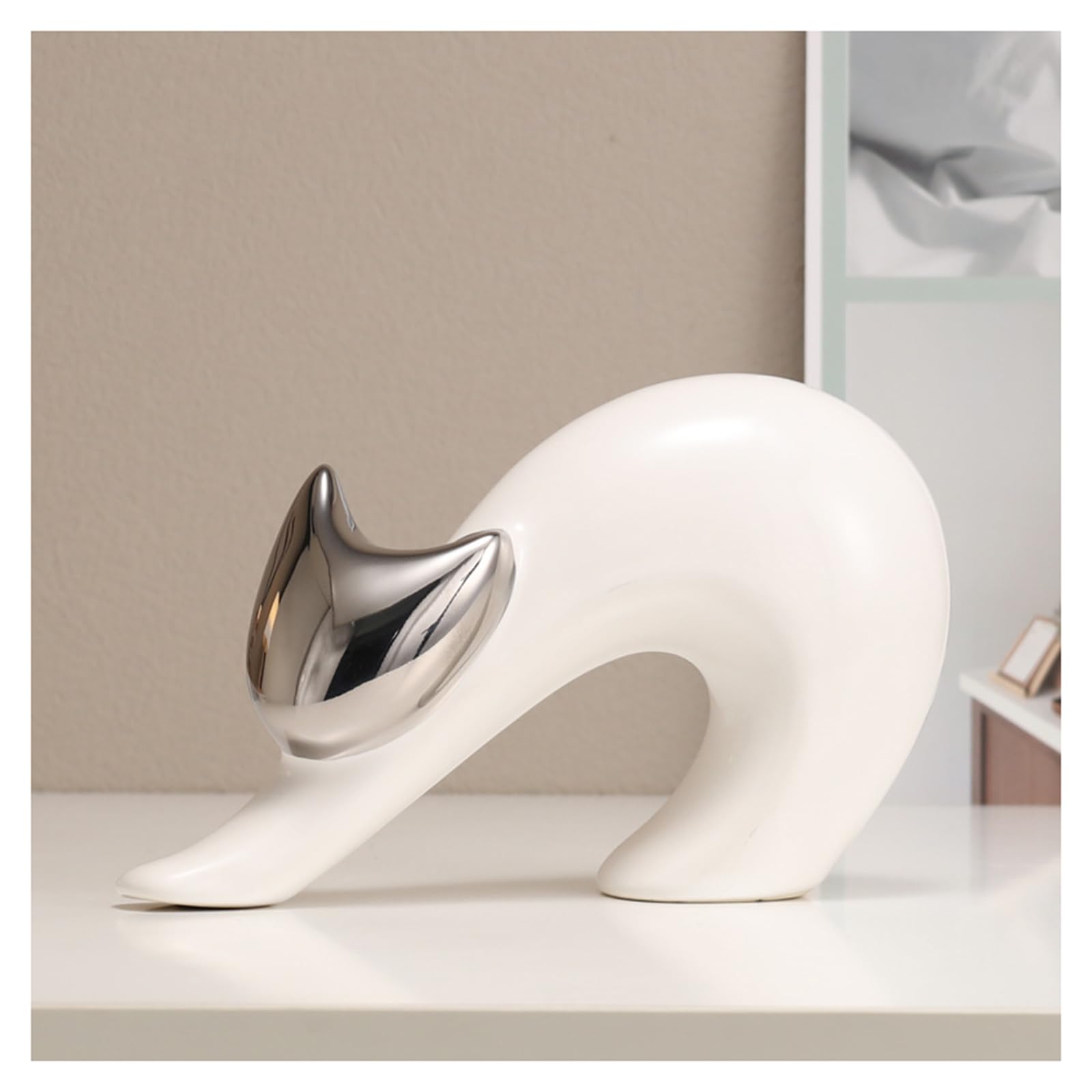 Tauzveok Cat Deco Statue, Modern Abstract Art Sculptures,Cat Sculpture for Decoration Living Room, Office, Bedroom, Ceramic,Lucky Cat,Silver C