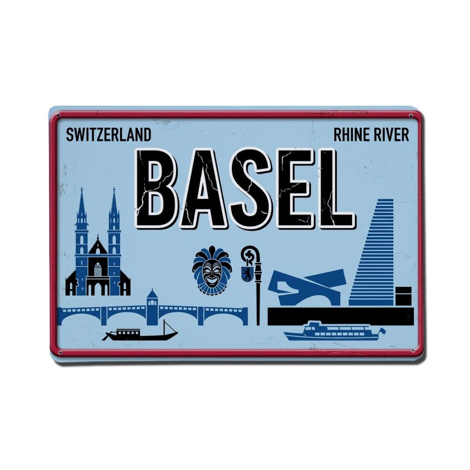 Cxhjca 8X12inch(20X30cm) Vintage Travel Basel Rhine River Fasnacht Metal Tin Sign