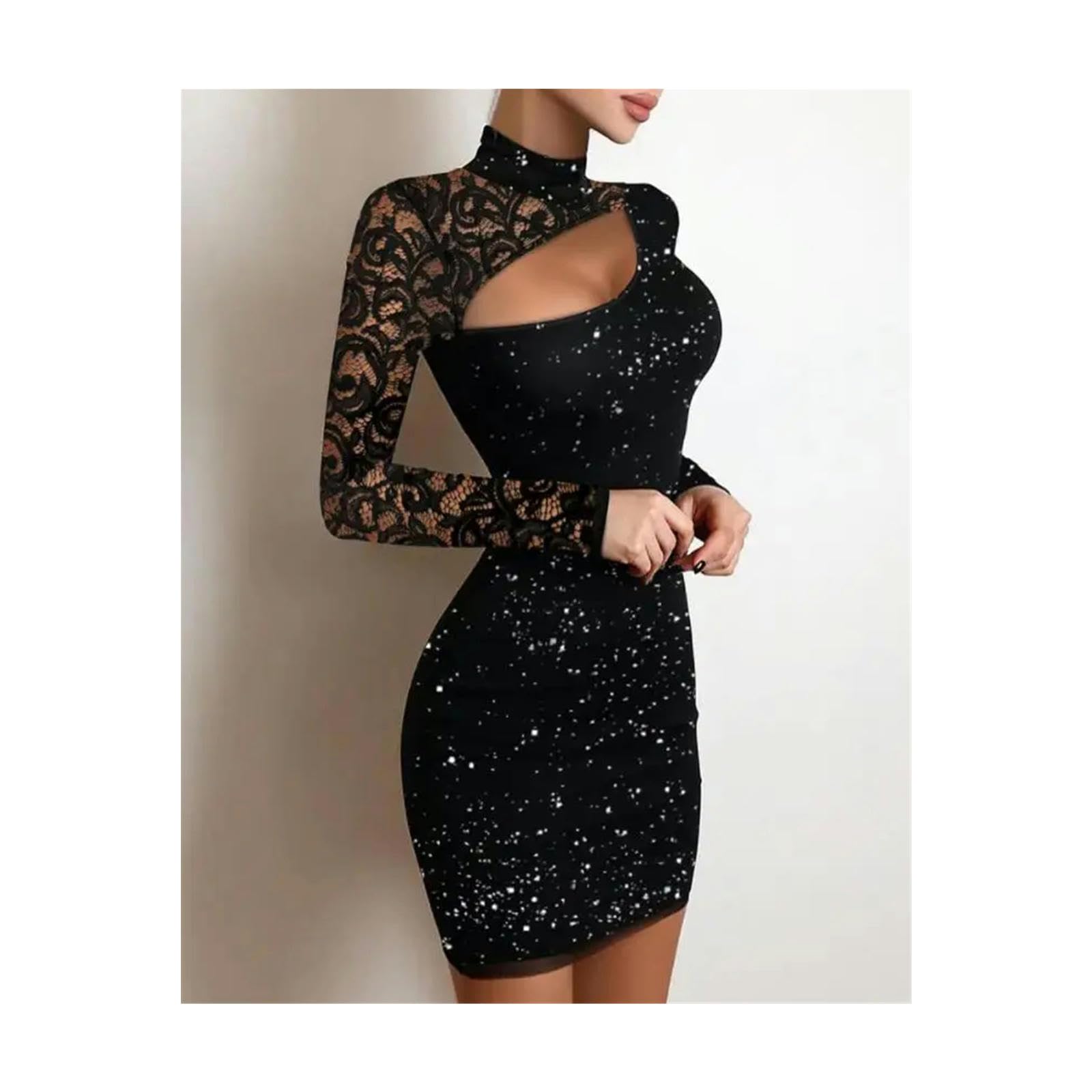 Vestito Donna Abiti da Sera per Donne Eleganti Sexy da Festa Sexy in Pizzo Ritaglio A Maniche Lunghe Mini Abito-Un-m