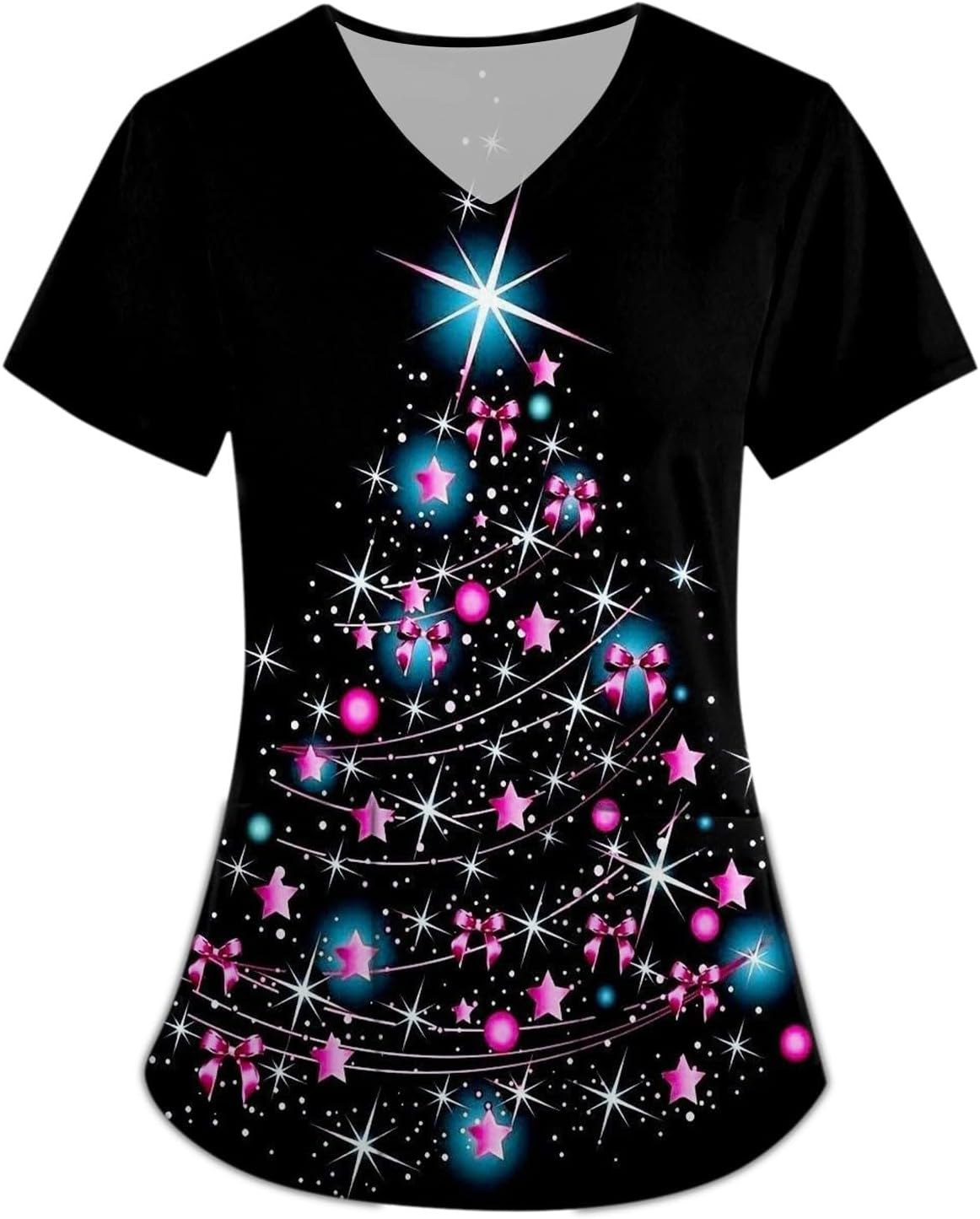 Scrub Tops for Women Fashion Short Sleeve V Neck Shirts Casual Christmas Print Nursing Uniform with Pockets