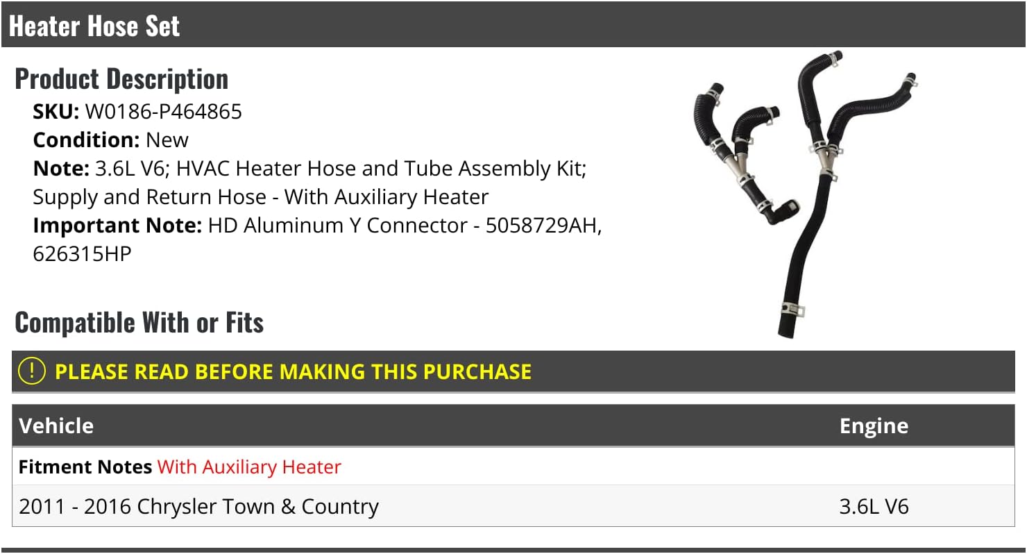 Heater Hose Set - Compatible with 2011-2016 Chrysler Town and Country 3.6L V6 (with Auxiliary Heater)