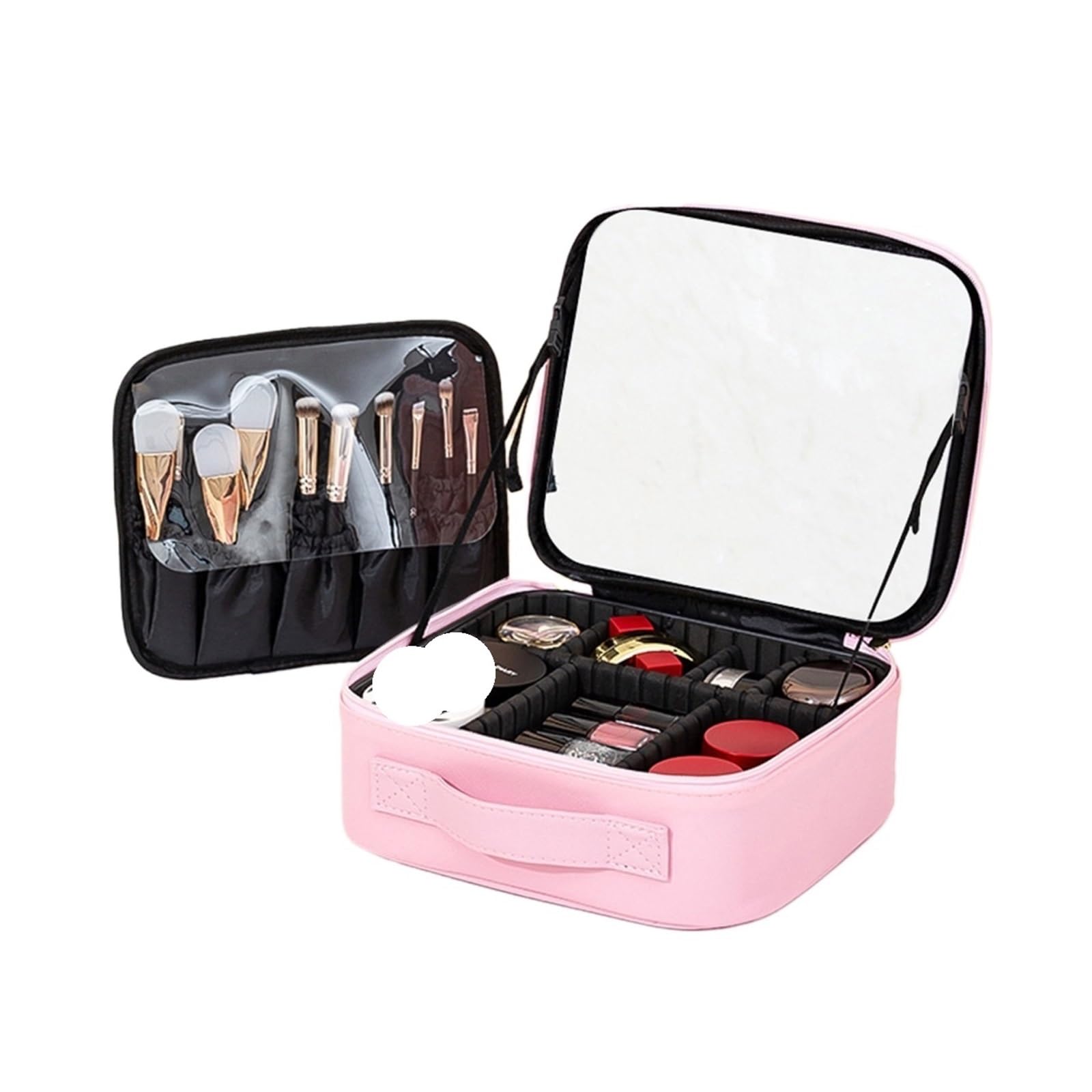 Kosmetiktasche Reise-Make-up-Tasche mit Spiegel for Frauen, tragbares Make-up-Pinsel-Etui mit großem Fassungsvermögen, tragbare, unterteilte Kosmetiktasche