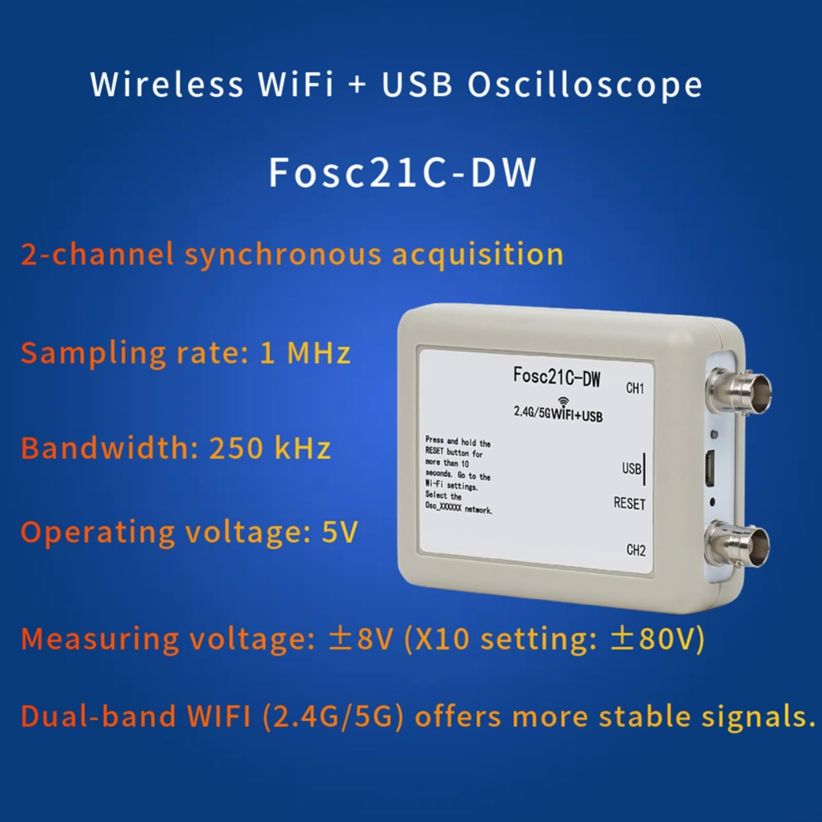 Oscilloscopio a doppio canale Fosc21C-DW con WIFI a doppia banda e USB per analisi del segnale in laboratorio R&S automazione industriale e test del dispositivo
