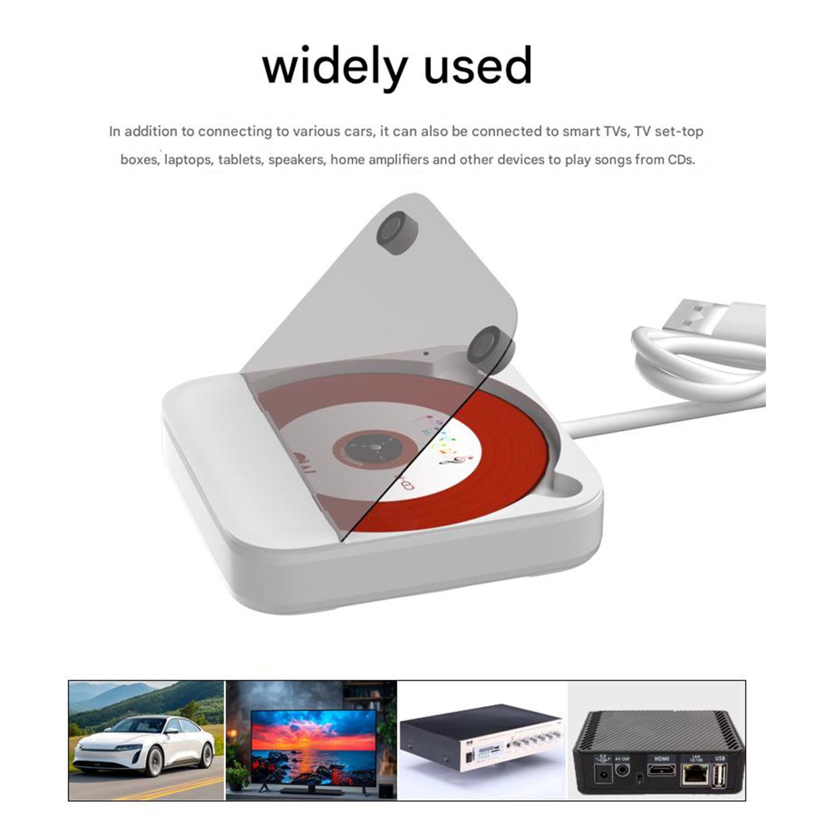 Reproductor de discos externo para coche, conectividad USB Auxs, instalación Plug and Play, carcasa duradera para reproducciones claras, reproductor externo de coche, entrada de puerto USB