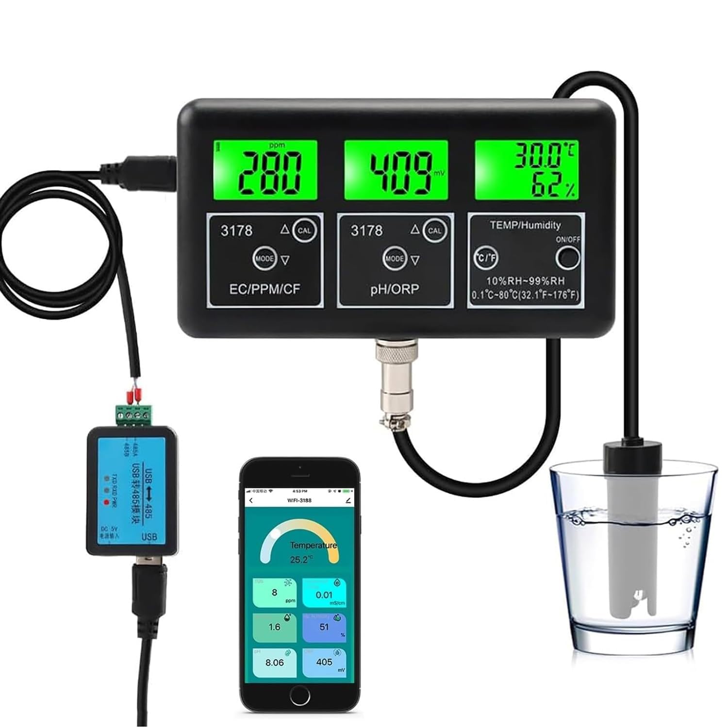 XGHDPBM Water Quality Tester Detector, 7-in-1 Smart PPM PH ORP EC CF Temp Humidity Meter, Fish Tank Aquarium SPA Pool WiFi Water Quality Analyzer, for Drinking Water, Laboratory Hydroponics