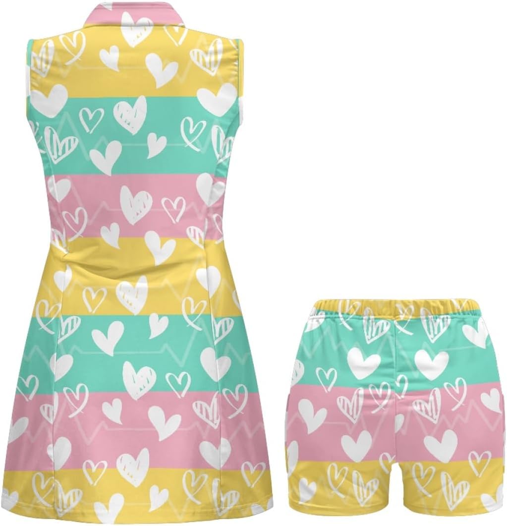 GLUDEAR Women Rainbow Heart Print Tennis Dress with Built in Shorts Sleeveless Casual Athletic Golf Dresses with Pockets