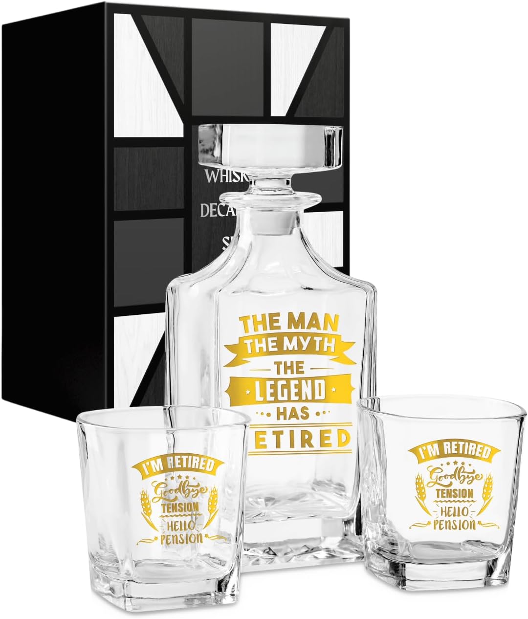 Onebttl Retirement Gifts for Men, Retirement Whiskey Decanter Set, Gifts for the Retired, 25oz/750ml Decanter with Stopper and 2 Glasses for Liquor, Bourbon, Whiskey on Christmas, Father's Day