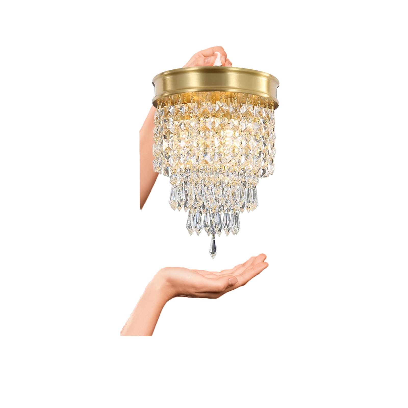 Luxury Small Gold Crystal Chandelier Flush Mount 10.25x8.66 inch 3 Lights Bright Copper Chandelier(408pcs Crystal), Mini Modern Ceiling Light Fixture for Bedroom Hallway Kitchen Bathroom Entryway