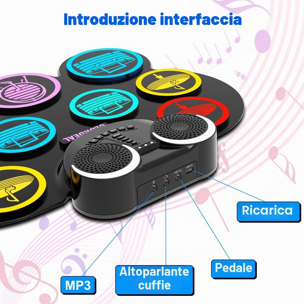 Batteria Elettronica Portatile con Bluetooth e MIDI - 9 Pads Batteria Elettrica, Altoparlanti Stereo Integrati, Batteria Ricaricabile, Ideale Regalo Natale e Compleanno per Bambini e Adulti