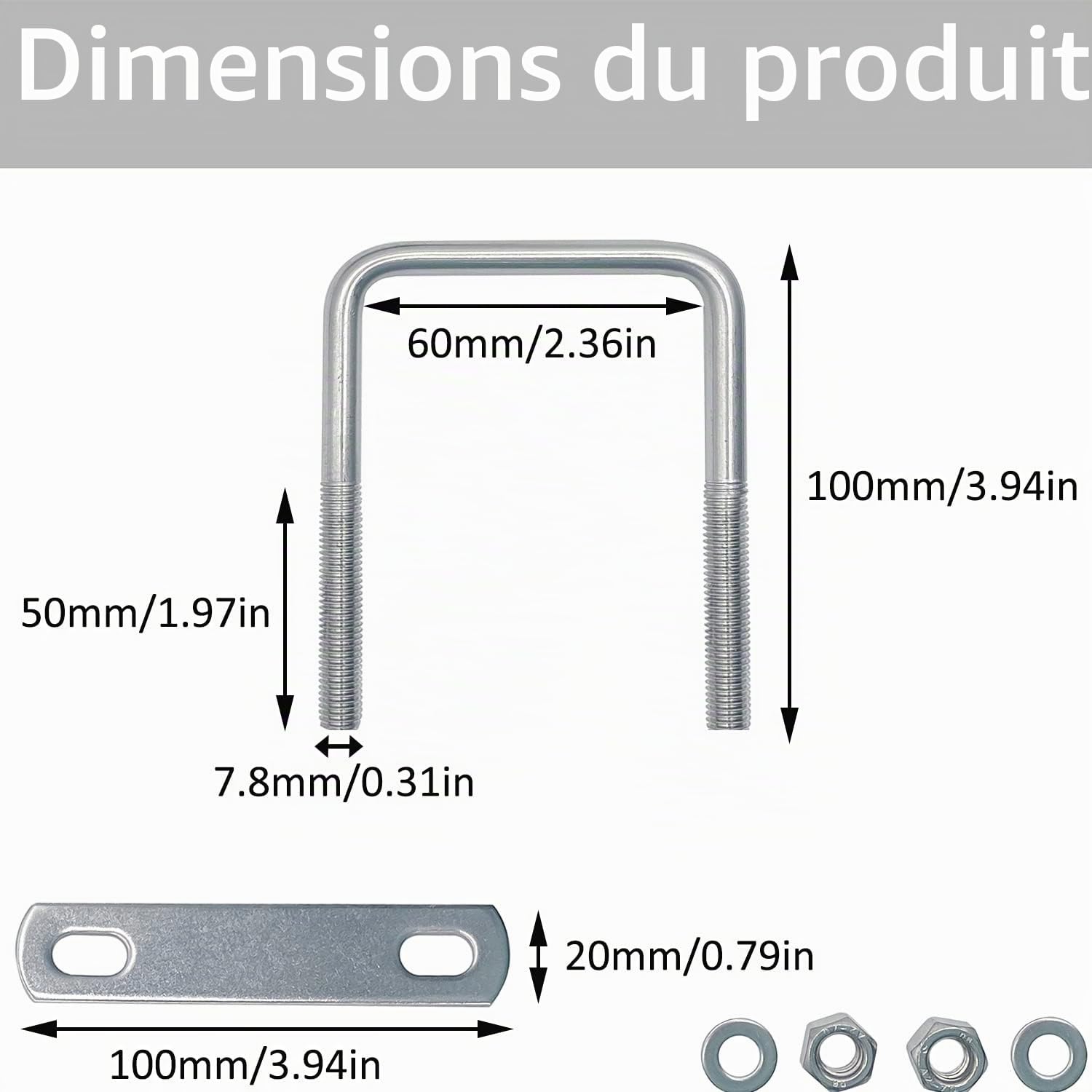 4 Pcs Boulons en U Carrés Acier Inoxydable 304 M8 100x60mm Carré en U Tube avec écrous, plaque de cadre pour Fixation des Tuyaus ou comme Accessoires de Bateau ou de Yacht pour Corde de Boulon