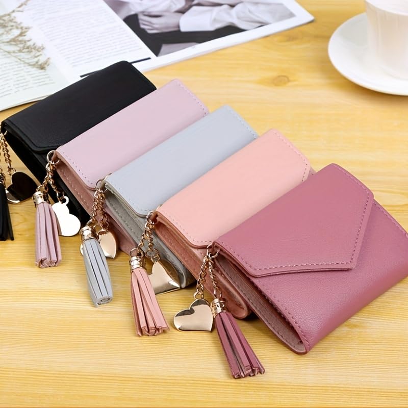 1pc Stylish Synthetic Leather Wallet | Compact Patchwork Design, Multiple Colors, Metal Heart & Tassel Decor, Trendy Coin Purse for Women3