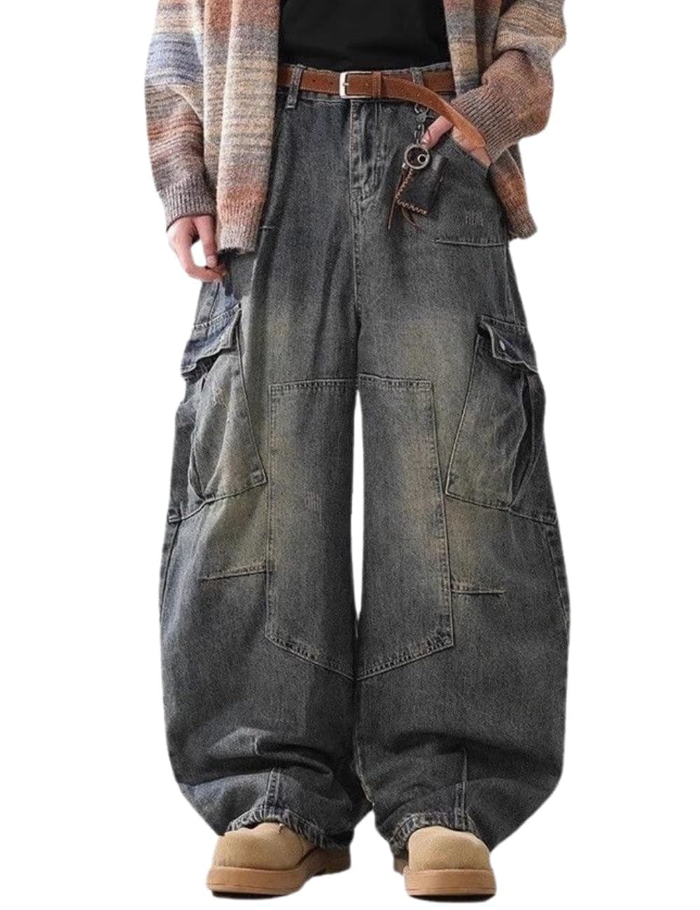 OTEEGX Baggy Barrel Jeans for Men Wide Leg Cargo Jeans Loose Distressed Denim Oversized Pants Fashion Casual Clothes L Blue4