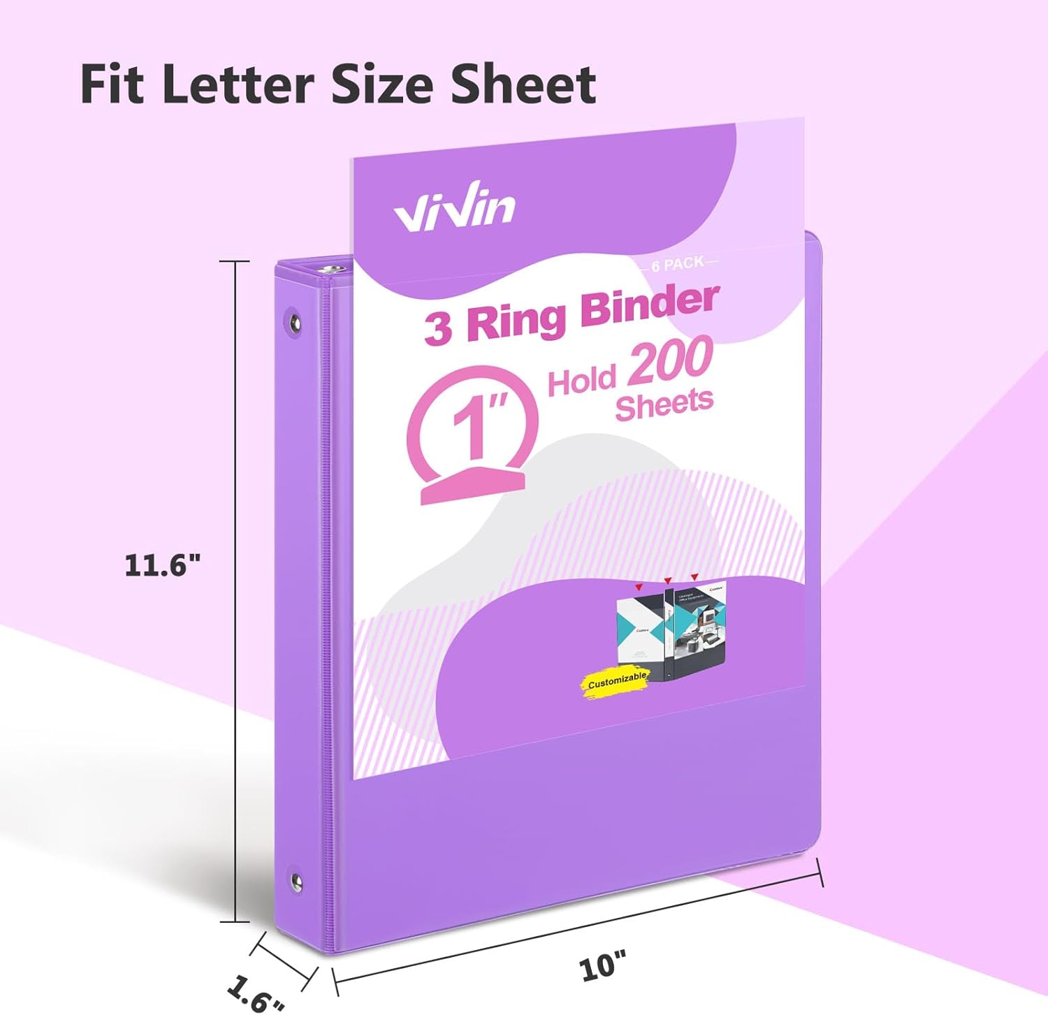 ViVin 1 Inch Round Ring View Binder for Durability, Standard 3 Ring Binder for 200 Sheets of US Letter Size Paper, PVC-Free, 6-Pack (Purple)