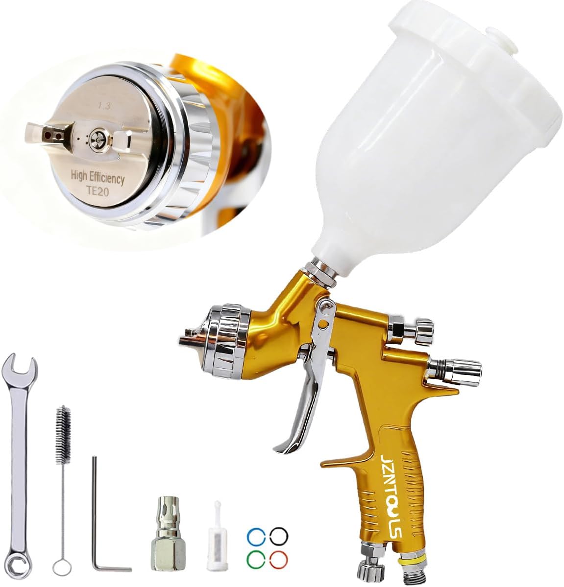 HVLP Spray Gun with 1.3mm Plum Blossom Shape Nozzle, Stainless Steel, Gold, Paint Sprayer Premium Tool Kit for Car & Automotive, Furniture, House Finishing, Varnish and Top Coat