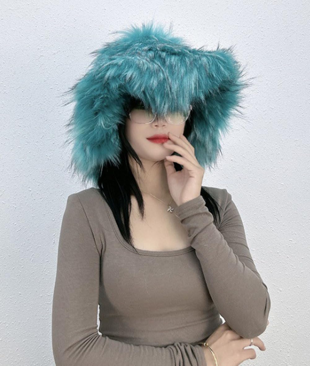 Women's Furry Bucket Hat Winter Faux Fur Plush Hats Warm Fisherman Cap Fluffy Wide Brim Bucket Hats Cloche Hat Outdoor Red