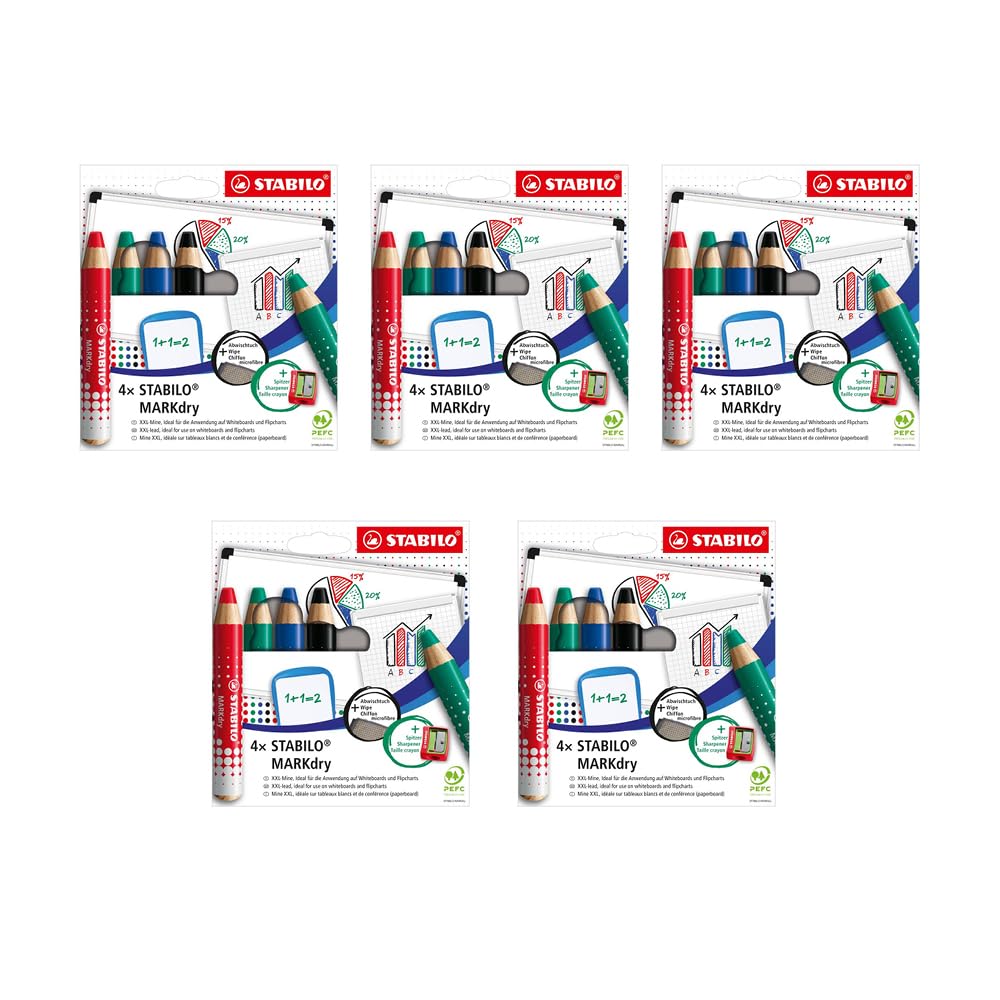 STABILO - marcador para pizarra blanca y rotafolio - MARKdry | 5x pack de 4 con sacapuntas y paño limpiador