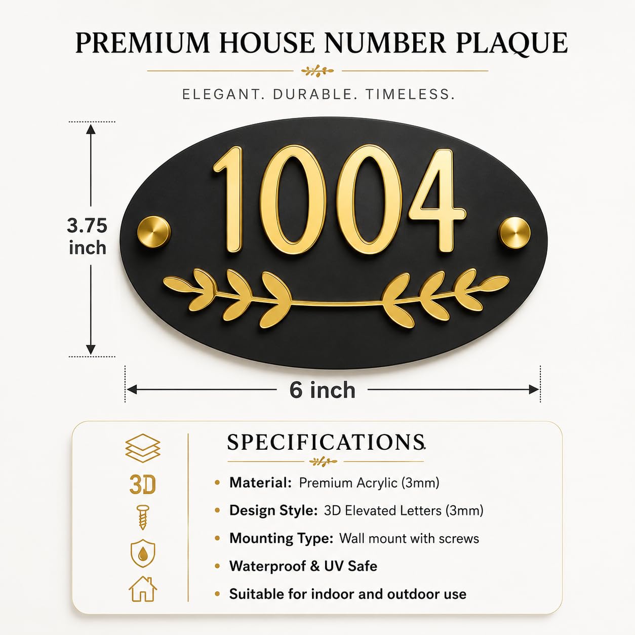Customized Door Number plate for home, flat & office | 6×4 inches | house number plate with 3D Flat Numbers | Acrylic door numbers for home 1