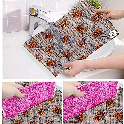 Image of Polyester 3-Layered Fridge Top Cover /Refrigerator Cover With Utility Pockets and Set of 4 Pc. Fridge Mat (Color-Check Floral Brown, Size-39x21 Inches)