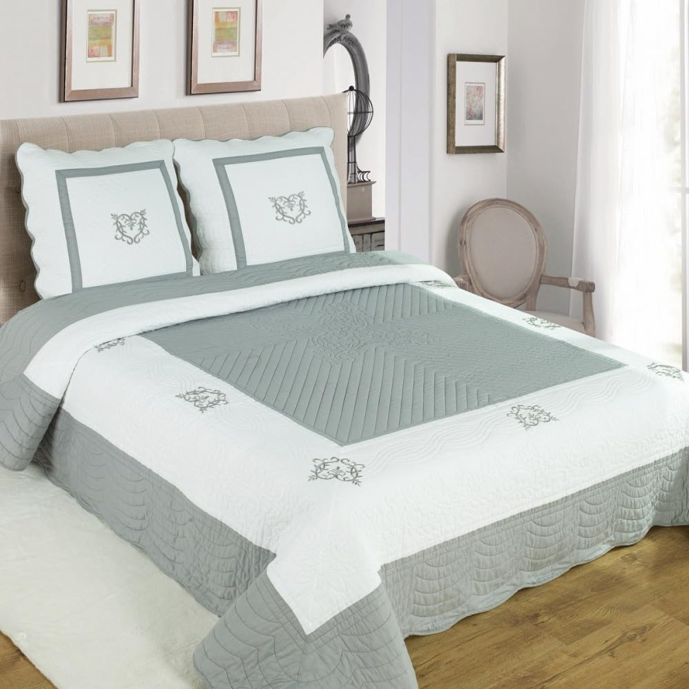 Boutis Peaceland Gris 260x260 cm + 2 Taies d'oreiller carrées – Couvre lit Matelassé Élégant – Idéal pour Grand Lit Double