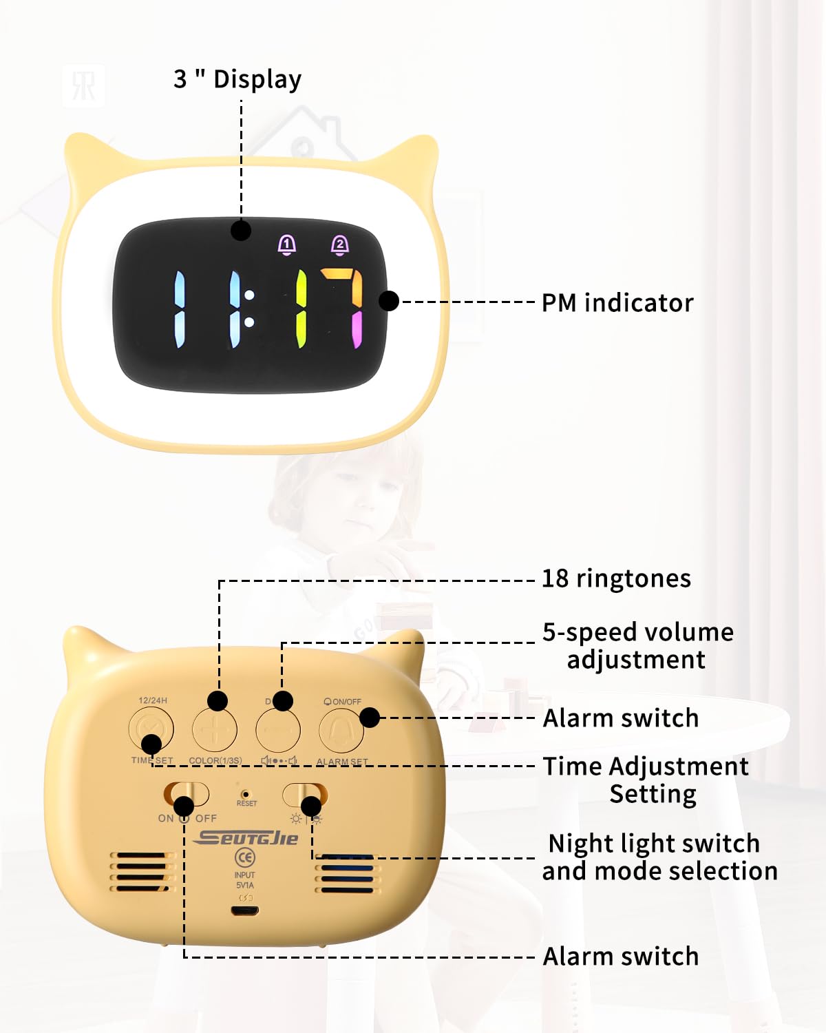 PERMUST LED Sveglia Bambini, Sveglia da Comodino, Luminosità Regolabile | Sveglia per Bambini, 18 Suonerie, Sveglia da Comodino Digitale di alta qualità, 4 Modalità, Porta di Ricarica USB
