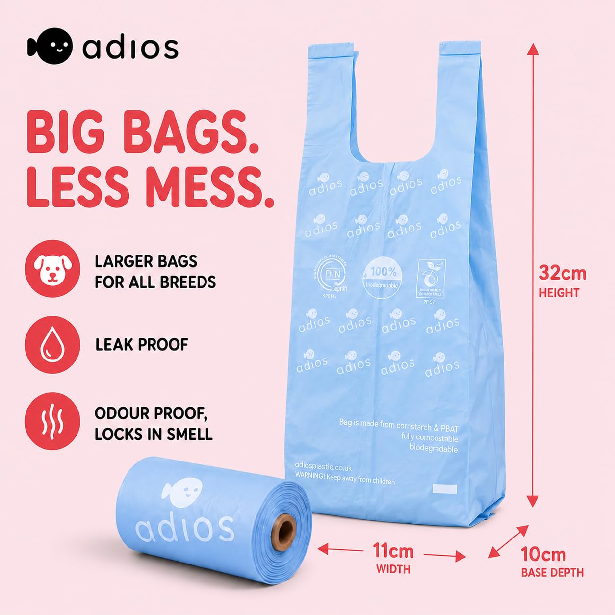 Adios Plastic - Bolsas compostables para excrementos de perro con asas, 360 unidades (24 rollos) - Colores arcoíris - Bolsas extra gruesas, a prueba de fugas, a prueba de olores - Hechas de almidón de