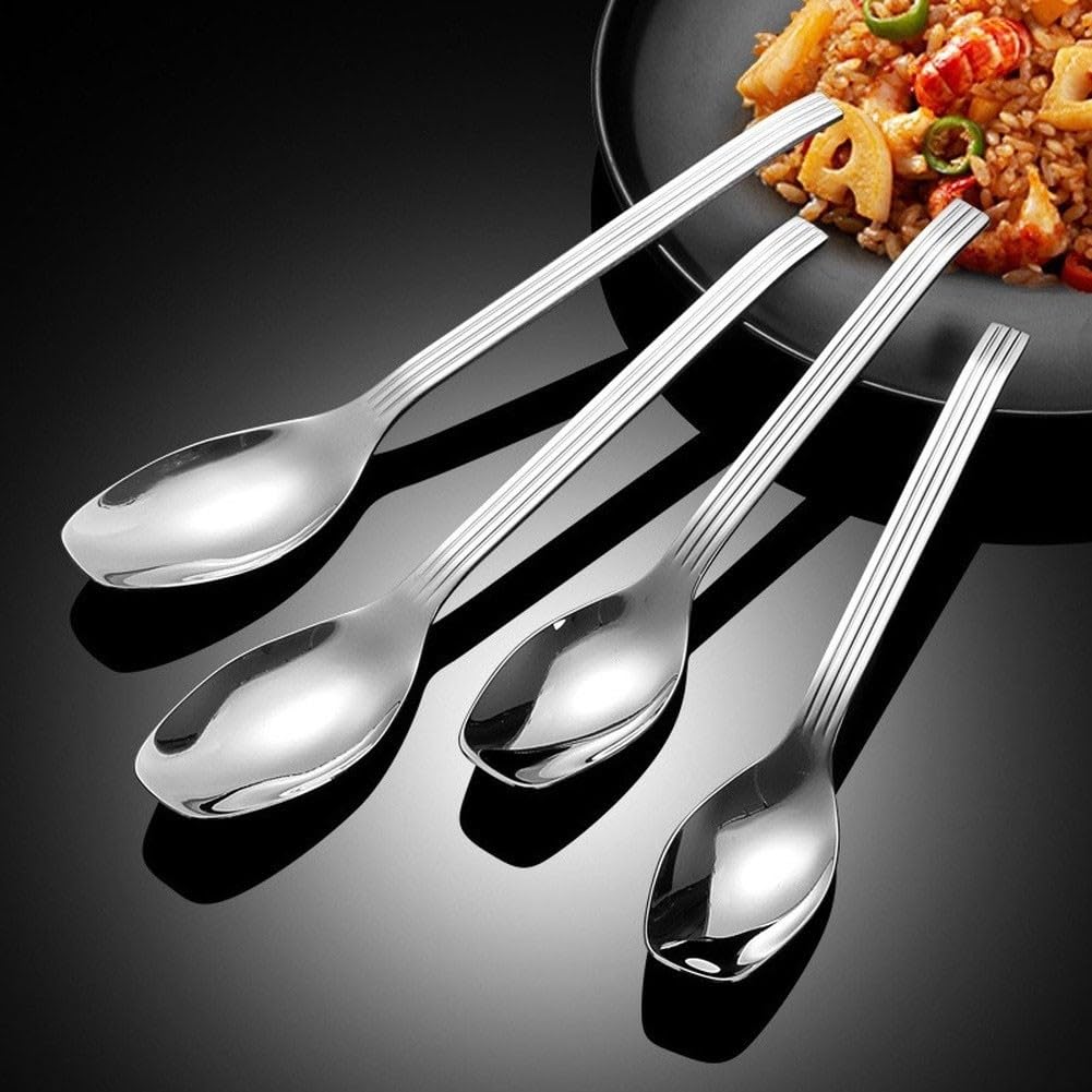 QOXEZY 304 Edelstahllöffel mit geriffeltem Griff, solide Suppenlöffel zum Essen, hochglanzpoliert, moderate tiefe Schüssel für Suppe, Reis, Brei (54)