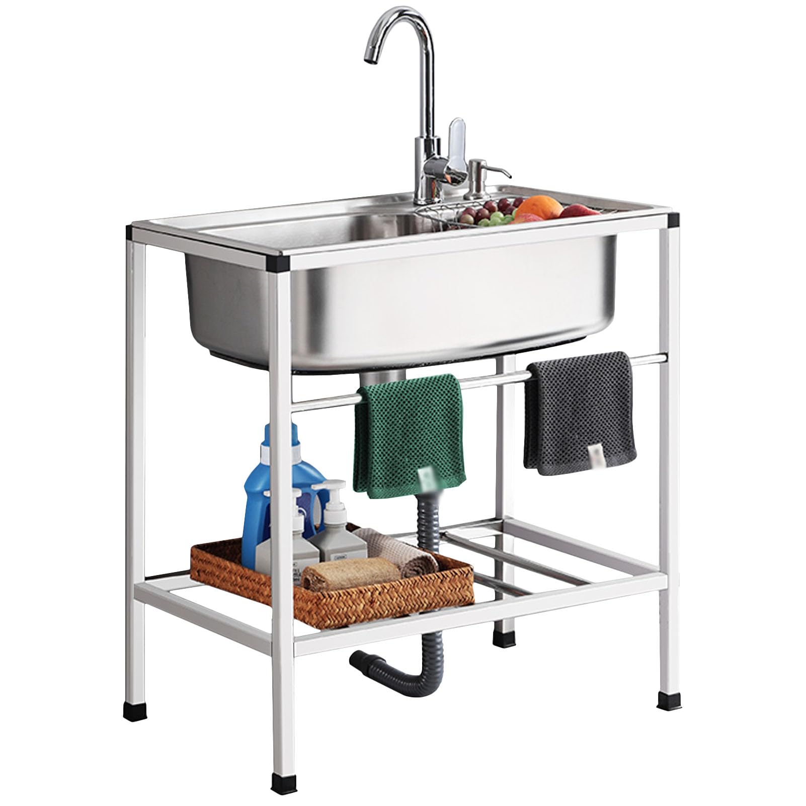 Lavello da Cucina Professionale autoportante in Acciaio Inox 304 con Filtro e Rubinetto per Acqua Calda e Fredda, Ideale per casa, Lavanderia, Giardino e Garage.