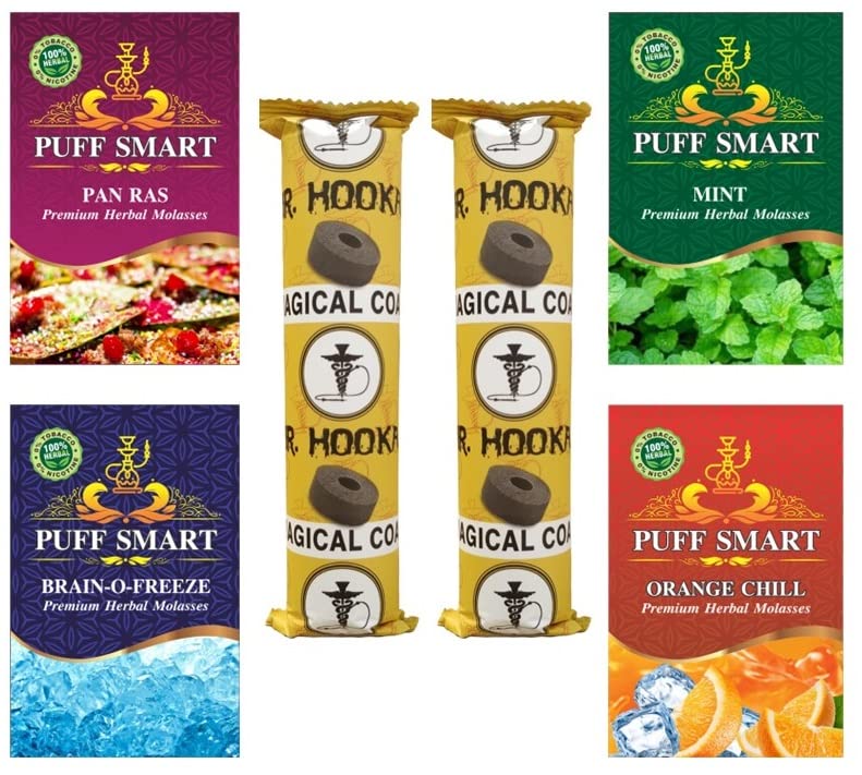 Premium Herbal Flavor Pan Ras, Mint, Brain-O-Freeze, Orange Chill With 2 Polo Charcoal Combo (100% Nicotine And Tobacco Free)