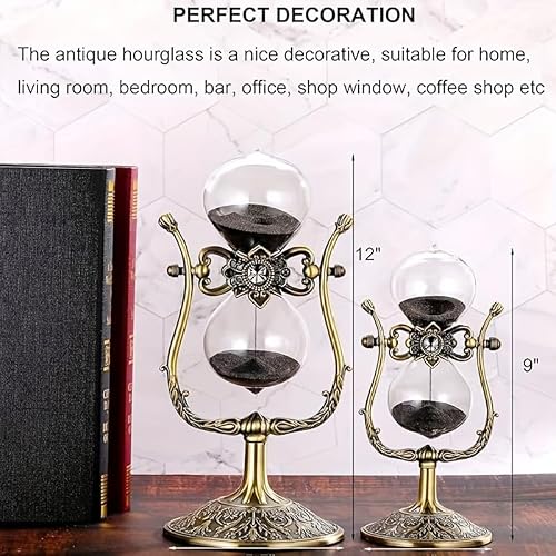 SuLiao Vintage 30 Minute Hourglass Sand Timer, Large Brass Engraved Rotating Sand Clock Stand, Antique 1 Hour Glass Sandglass for Home, Desk, Office Decoration