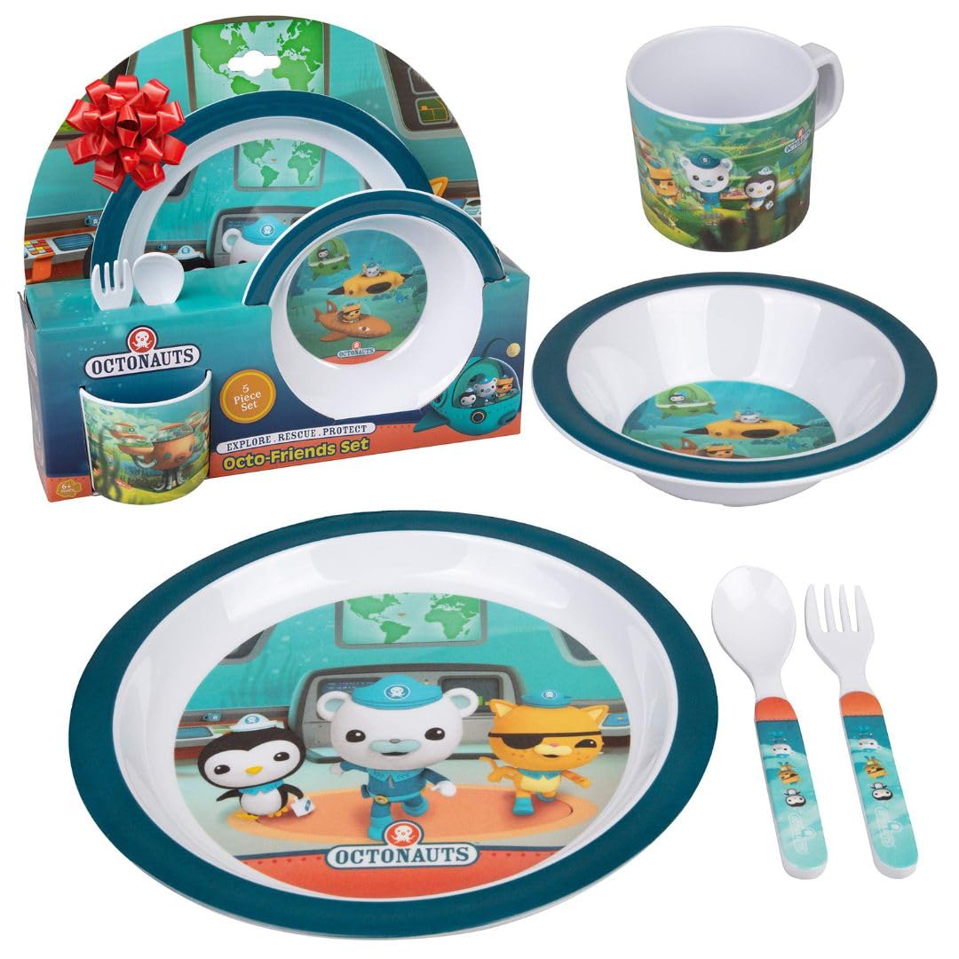 5 Pc Mealtime Set for Kids- Blue Octo-Friends - Includes Raised Edge Plate, Bowl, Cup, Fork and Spoon- Durable, Dishwasher Safe, BPA Free- Picky Eaters, Easy Self-Feeding- Gift for Toddler