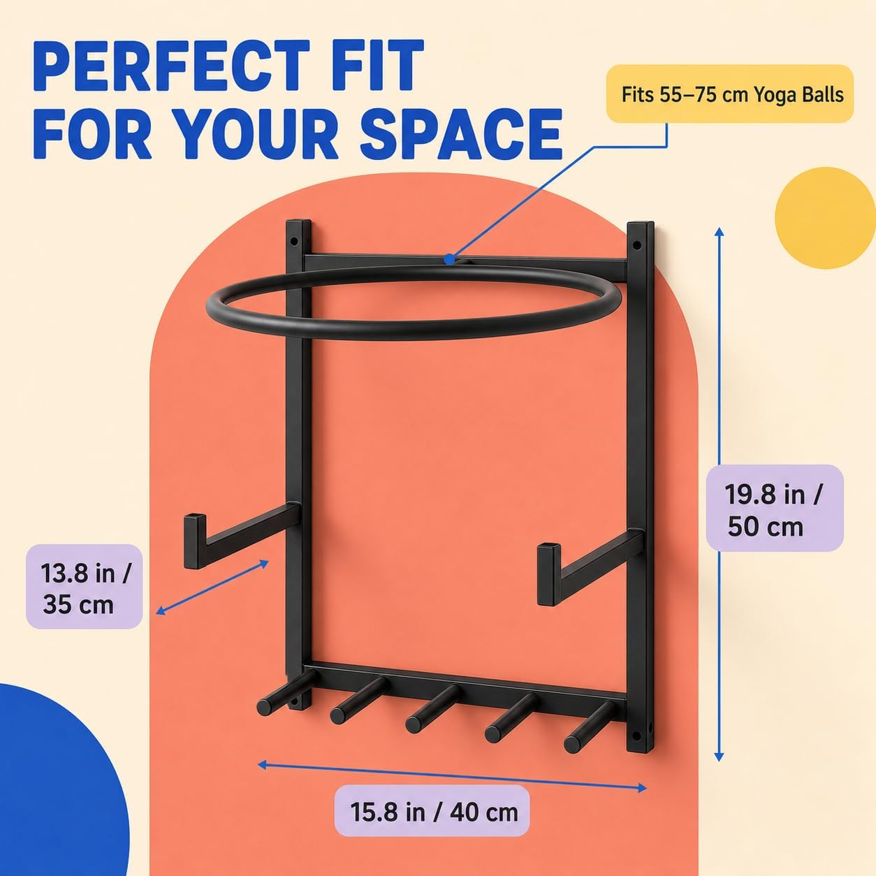 Wall Mounted Yoga Ball Holder and Mat Storage Rack with 5 Hooks