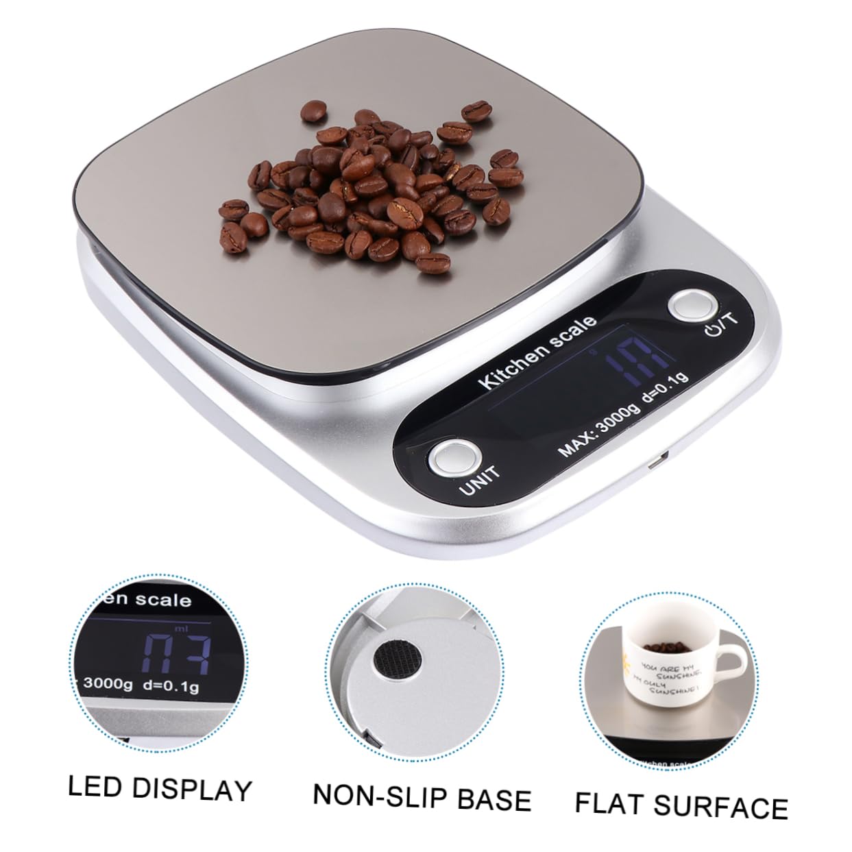Báscula Cocina Digital Recargable De Acero Inoxidable Con Pantalla Lcd Alta Precisión Portátil Para Alimentos y Joyería Color Plateado