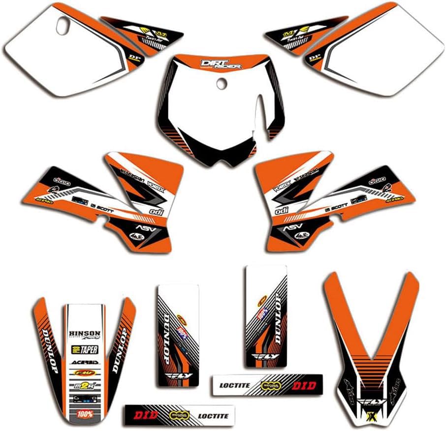 Kit grafico completo incluso: targa anteriore, sinistra e destra, protezioni radiatore, parafanghi anteriori e posteriori, forcella inferiore, bracci oscillanti e grafica airbox.