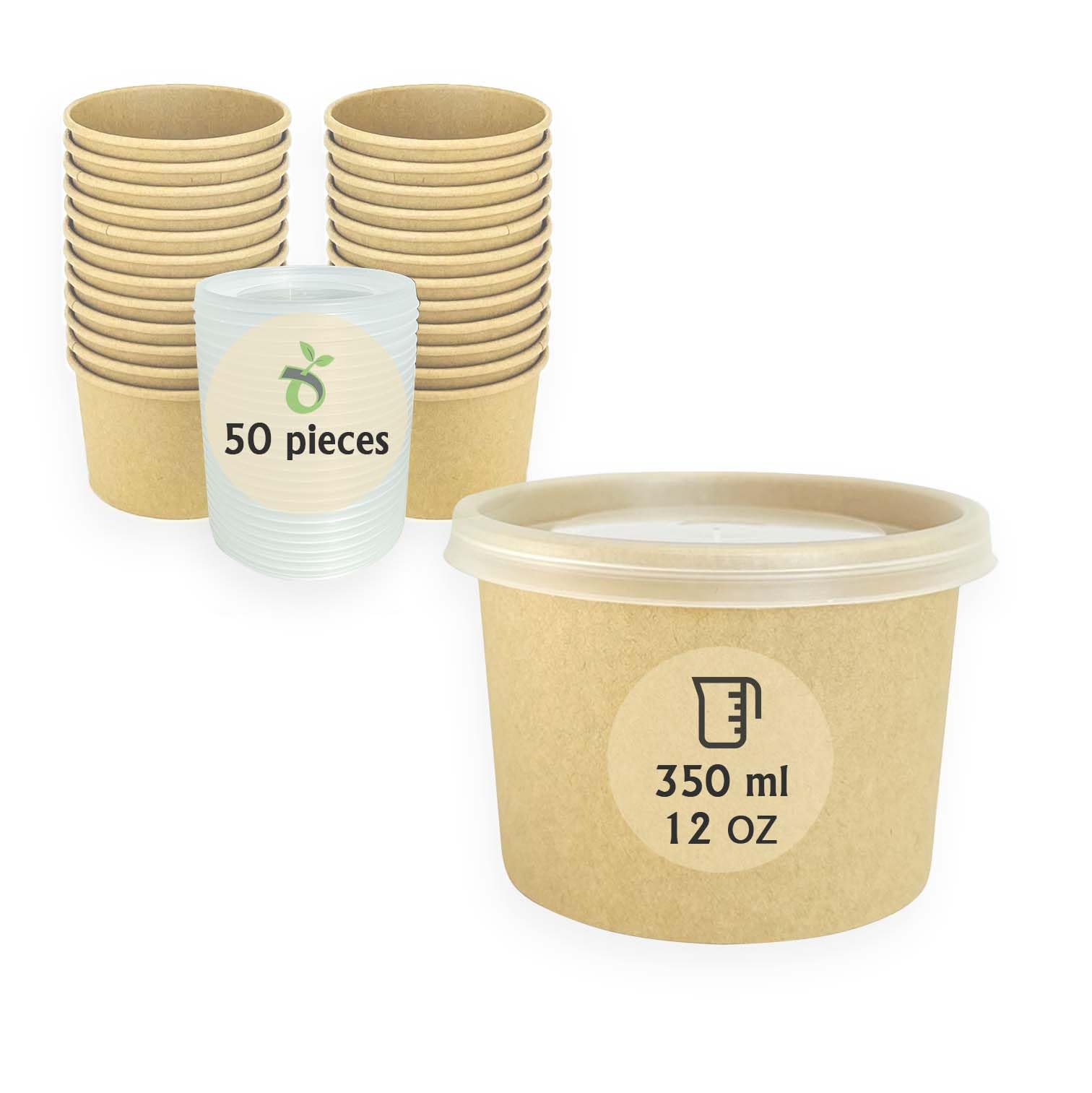 ECOPICNIC 50 Pack Kraft Paper Soup Containers with PP Lids 350 ml | Disposable Bowls for Hot and Cold Food, Takeaway Cups, Eco-Friendly Biodegradable Microwavable and Freezer-Safe