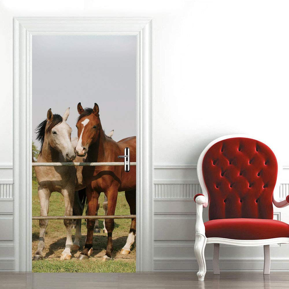 Sticker porte 3D cheval décoratif 93x205 cm amovible pour chambre
