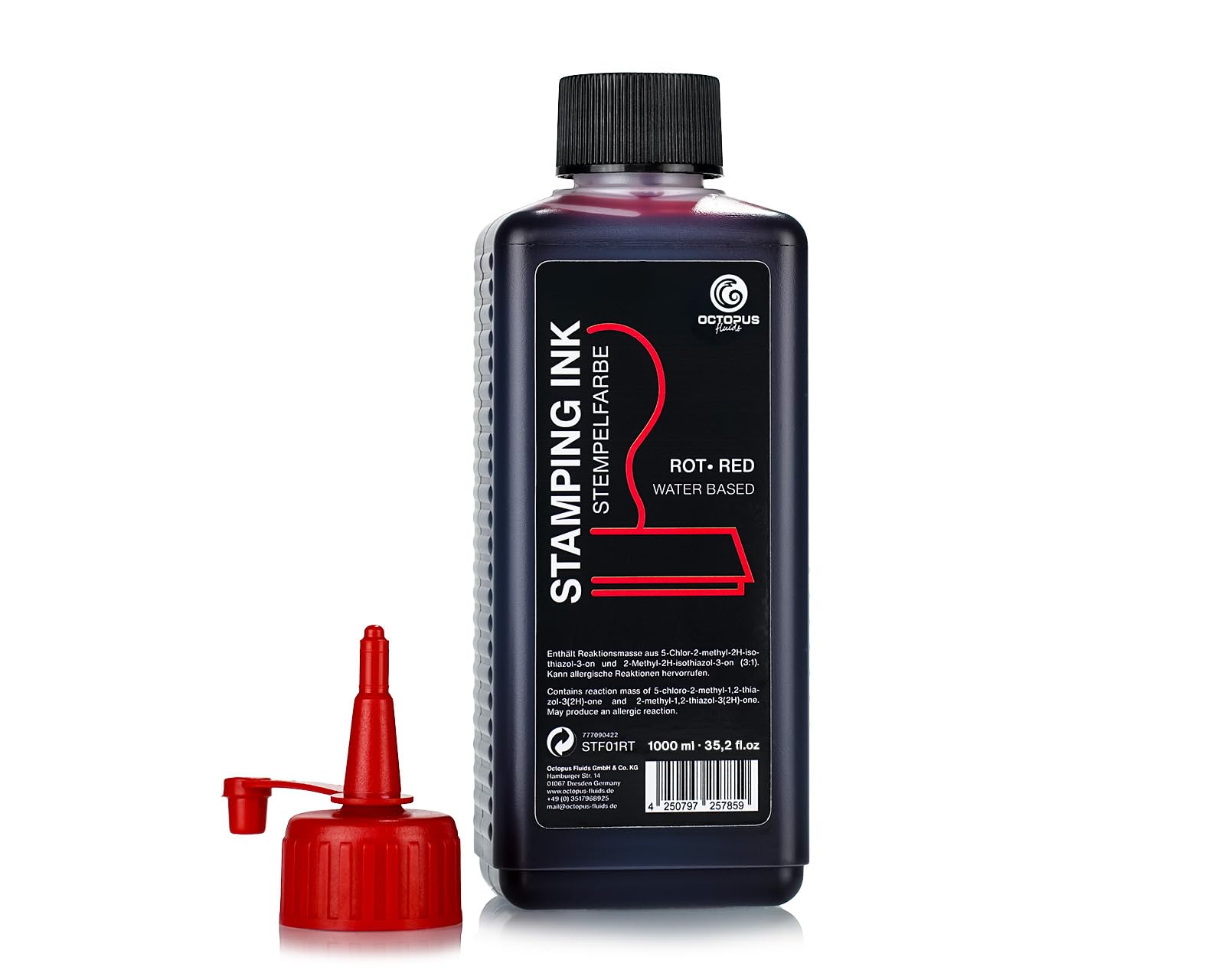 Octopus Tusz do stemplowania płynów, tusz do napełniania do poduszek do stempli i automatycznych urządzeń do tłoczenia, tusz do stemplowania 1000 ml, czerwony bez oleju
