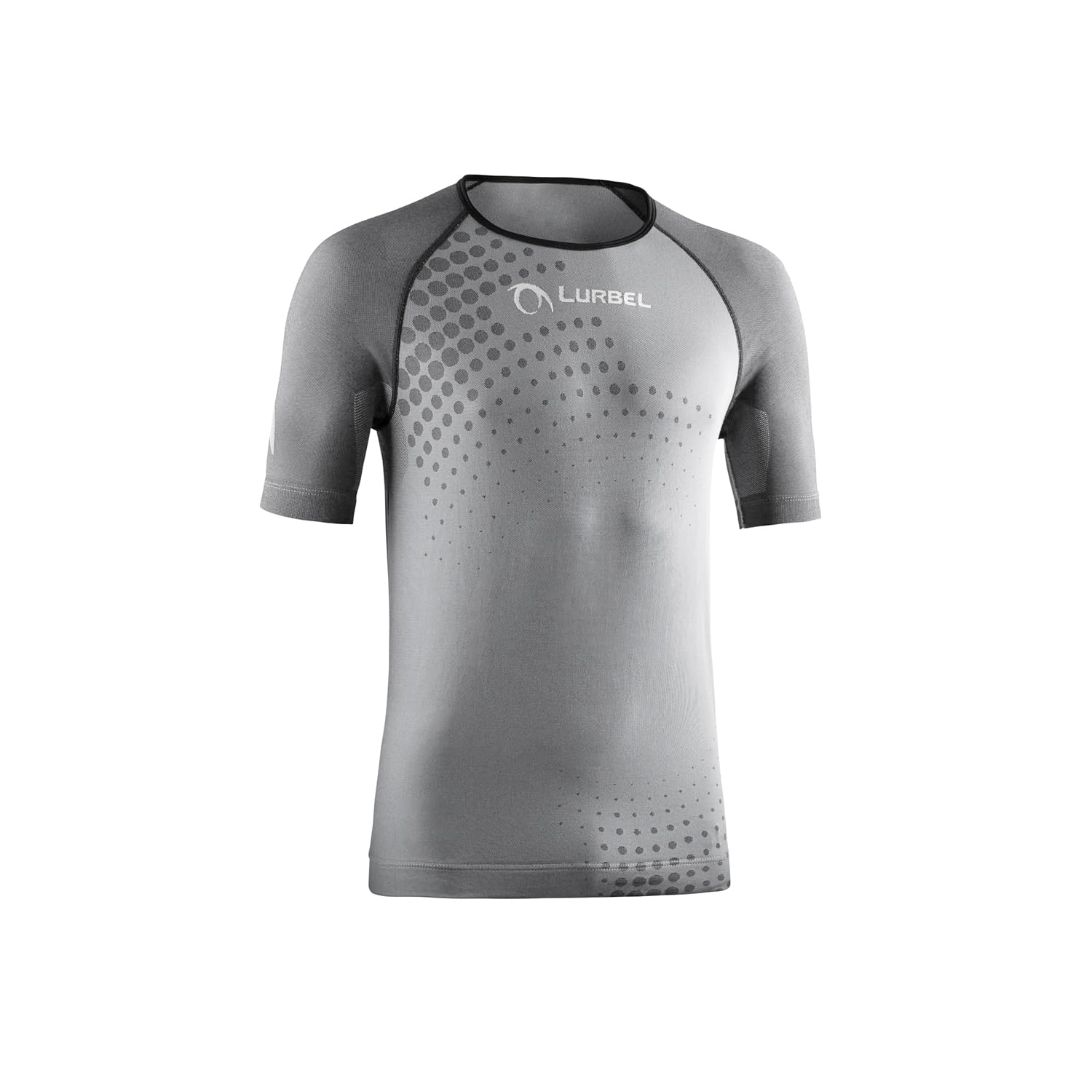 Lurbel Spirit Flux Short Slevees, Camiseta Running, Camiseta Trail Running, Transpirable, sin Costuras, Unisex. (L - Gris Hielo/Negro)