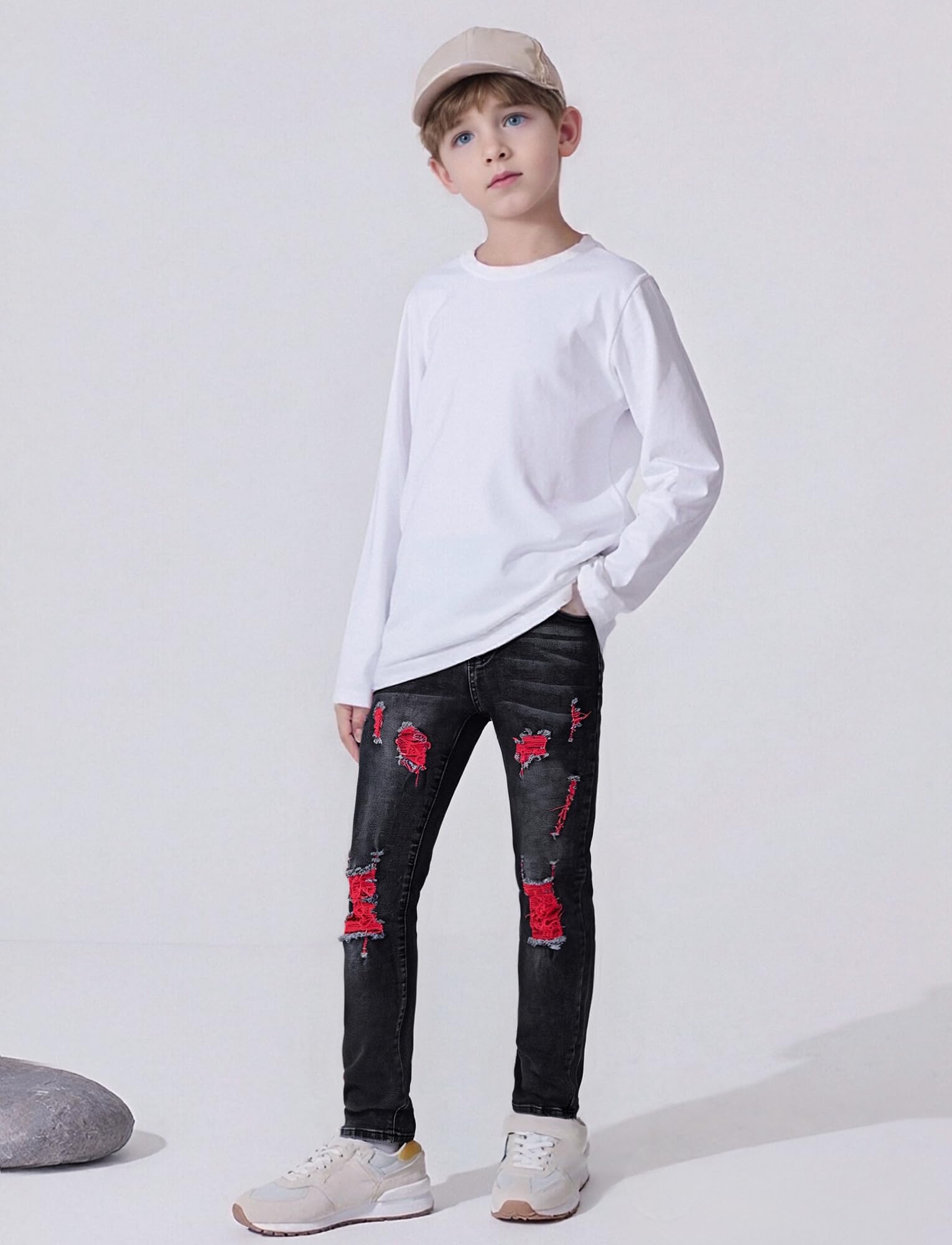 FEOYA Kids Jean Slim Fit prążkowane spodnie dla nastolatków skinny denim, chłopięce spodnie dżinsowe, podarte, elastyczne, dla dzieci, na wiosnę, z gumowym ściągaczem, długie z otworami, 7-16 lat