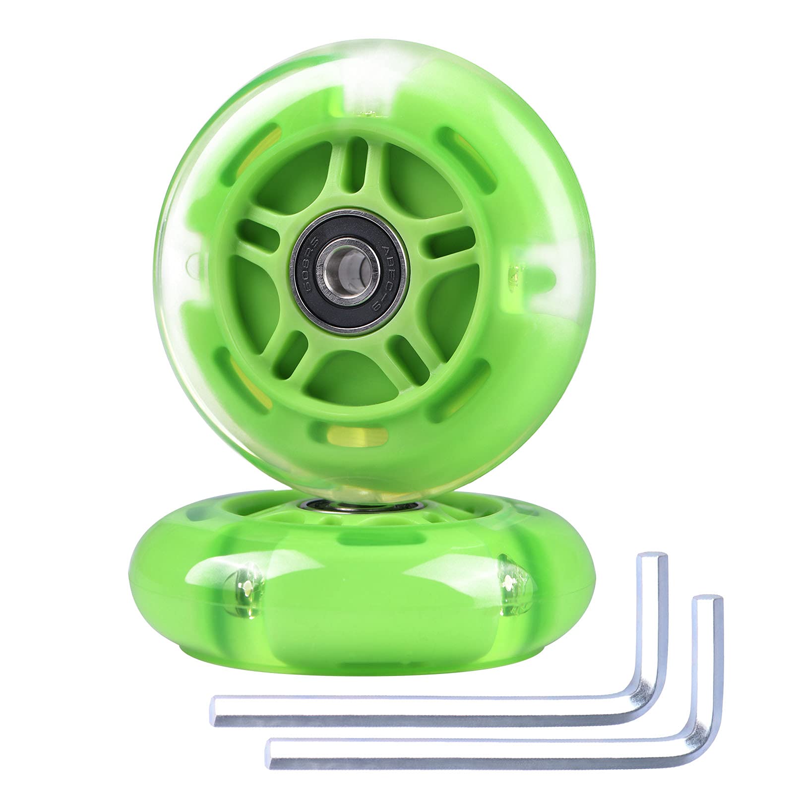 Gladeer 2-Pack 80mm Scooter Rear Wheels Light Up Inline Skate Replacement Wheels w/Bearings (Green)