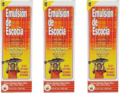 Emulsión de Escocia. Suplemento dietético de aceite de hígado de bacalao. Rico en vitaminas A, D, E y B1. Sabor a fresa y plátano. 6.5 onzas