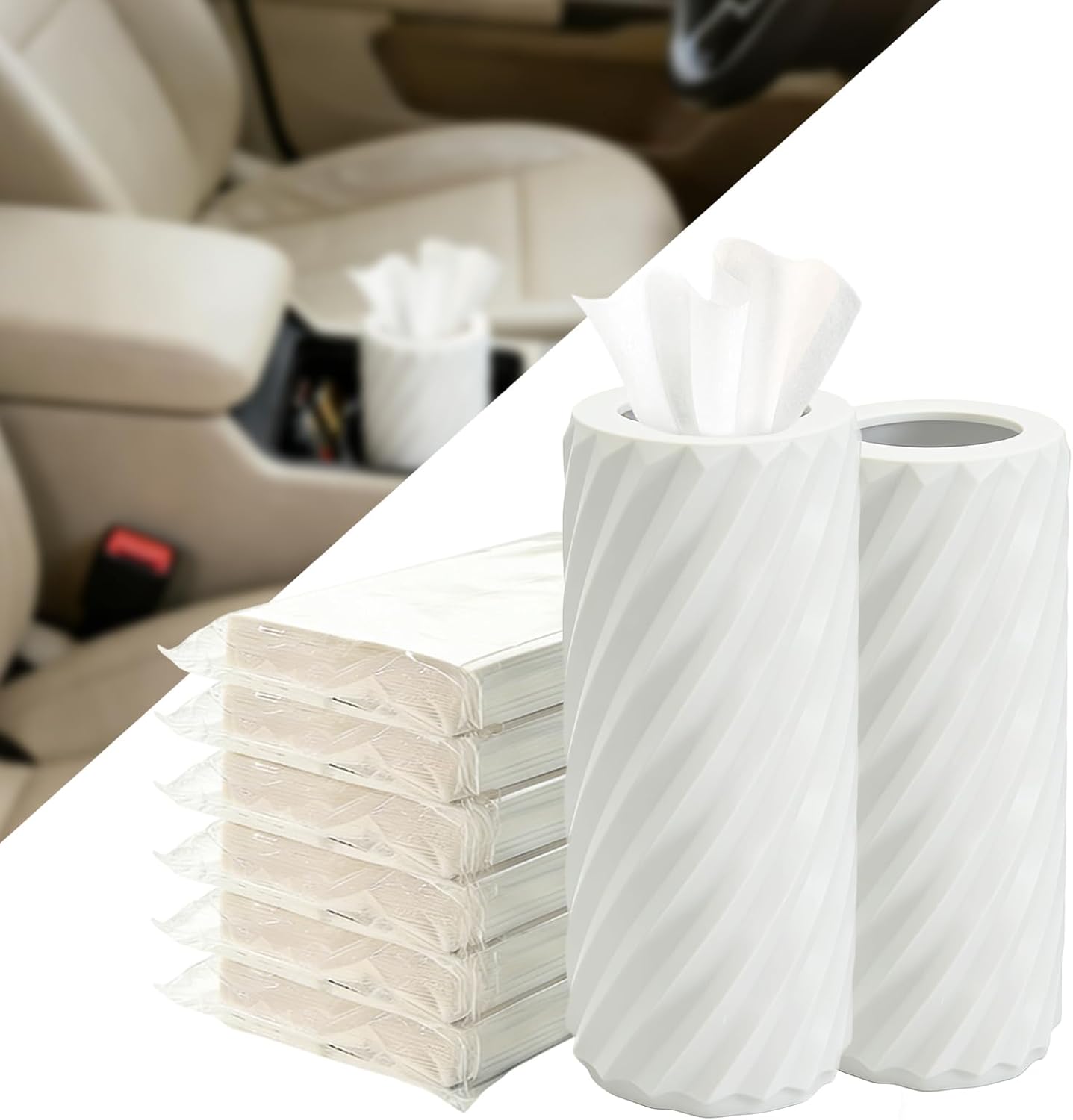 2-Pack Car Tissue Holder with 6 Tissue Refills, Reusable Plastic Auto Tissue Canister for Cup Holders Compact Travel Tissue Dispenser, Car Accessories for Cars, SUVs, Trucks. (2PACK-White)