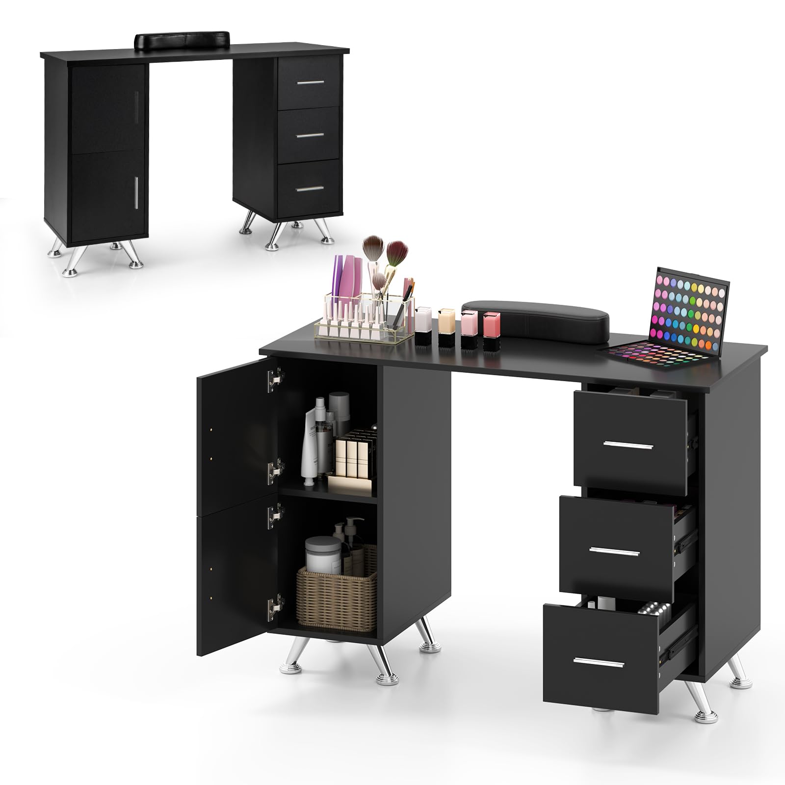 HOMASIS Tavolo per Manicure in Legno, Scrivania per Unghie con 3 Cassetti, 2 Armadietti, Poggiapolsi Rimovibile, Tavolo da Nail Art con Piedini Metallici per Salone di Bellezza, Trucco (Nero)