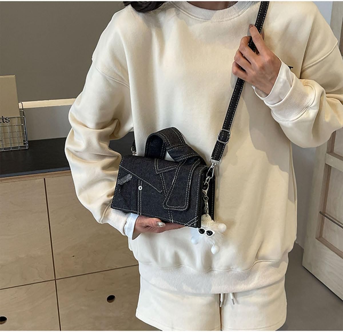 Small Square Bag for Women, Denim Patchwork Trendy Mini Purse Shoulder Bags, Color Block Casual Clutch Handbag